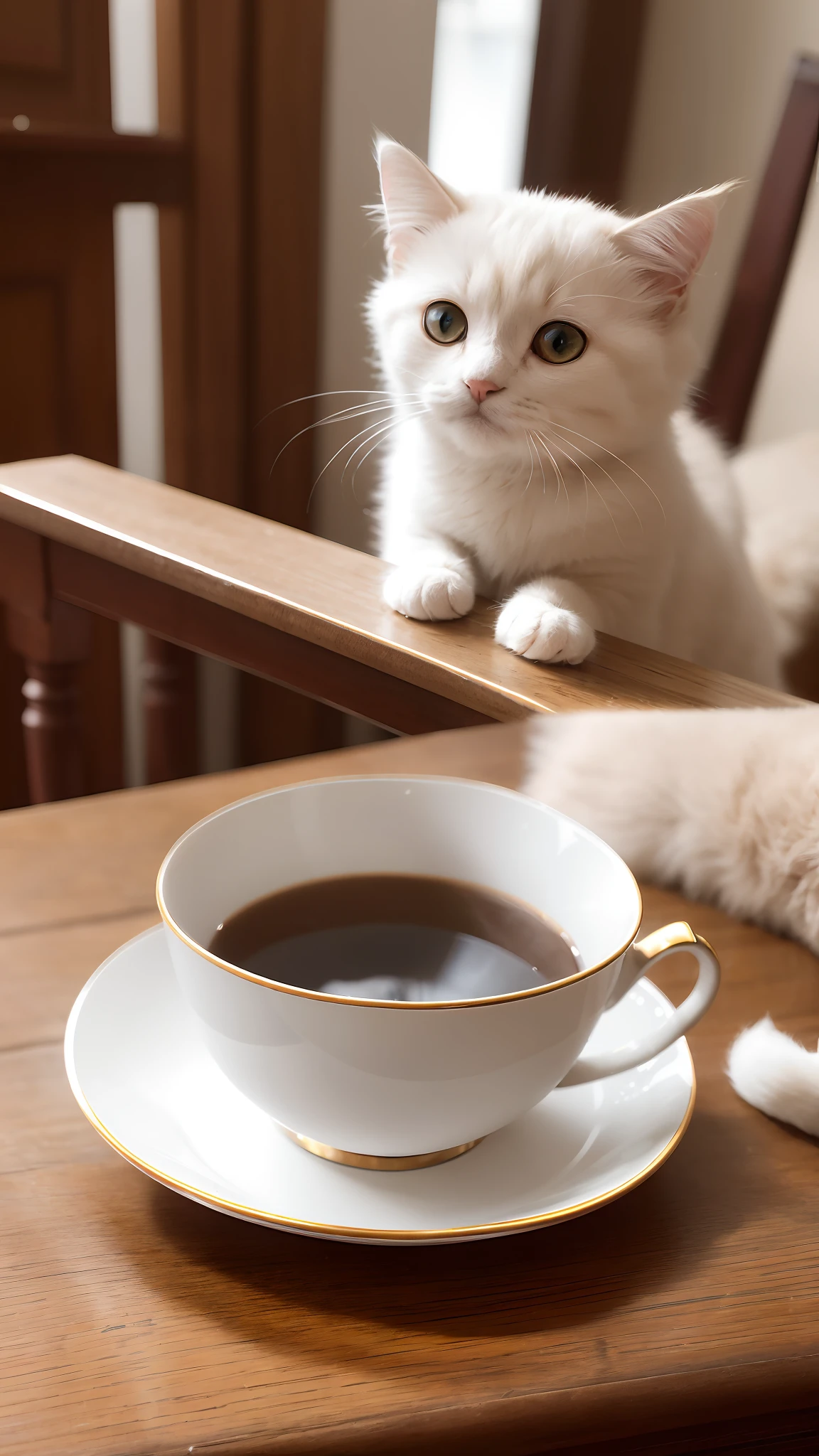 Cat, (Himalayan), (Small)))), in a teacup, Face, Front paws out, 8K, Professional photo, Delicate, Clear, On the table, Inside the house, Sunshine, Light Leak, Masterpiece, ((Pretty))), Fashionable Teacup, (Reality), Plush Toy, Round Pupils --auto