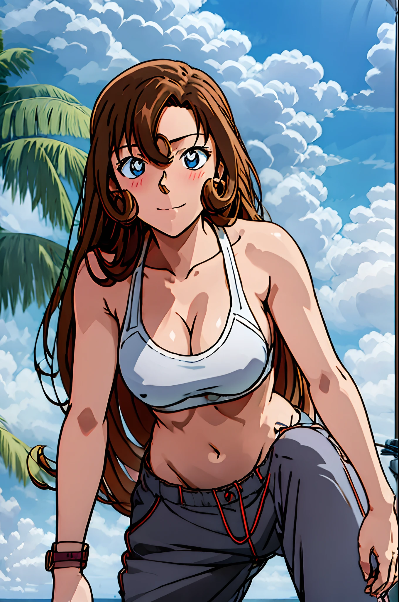 ((masterpiece)),((best quality)),ultra-detailed,illustration,1girl, solo, brown hair, long hair, flower, pants, midriff, crop top, breasts, looking at viewer, cleavage, brown eyes, beach, navel, medium breasts, bikini top, head tilt, knee up, closed mouth, bare shoulders, grey eyes, cloud, bangs, ,Beautiful body, Beautiful Nose, Beautiful character design, perfect eyes, perfect face, alluring, wallpaper, perfect lighting, Colorful, ultra highres,4K,photography, (medium breasts:1.2),(beautiful face:1.2),(narrow waist), shiny skin, anime screencap ,from below, mature female, full body, meitantei conan, standing, ((milf)), 37 years old, stretching