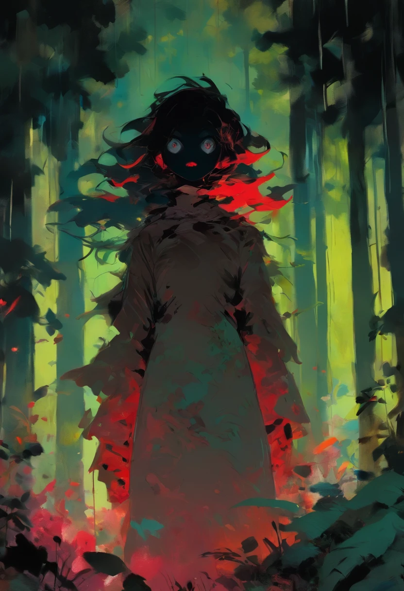 A frightened woman in a dark forest. Dans le style de Adrian Ghenie, Minimalisme inkpunk. Dans le style Tim Burton. Gothique.