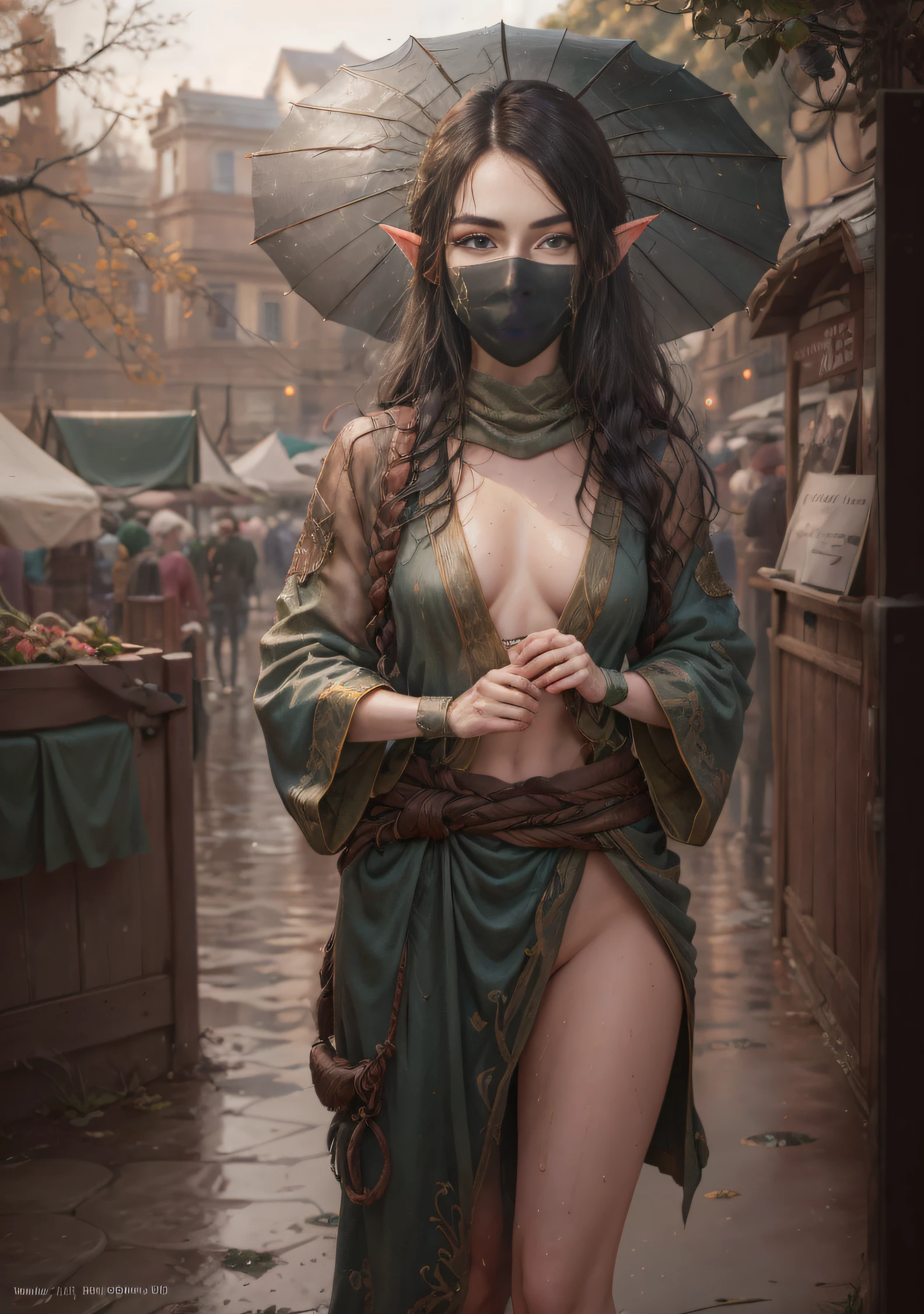 The elf stands and looks at the camera, holding an umbrella in his hand;, A girl stands at a fair in the rain, blue eyes and dark hair, pony tail, face mask, wet clothing, dark sky, Thin, Wet waist, Slender figure, Appearance of the model, confusion, sexuality, pixie, elf ears, Beautiful ears, green colored eyes, little chest, wet clothing, (Clothes shine through), (visible through clothes), Elf Girl, Sweet girl, attractive anime girl, beautiful anime girl, Cute beautiful anime woman, detailed digital anime art, beautiful anime girl, beautiful anime girl, Anime with small details, Best Quality, Masterpiece, Ultra-detailed, Beautiful, hight resolution, Original,CG 8K ультрареалистичный, perfect artwork, beatiful face, Face Clean, Skin, hyper realistic, Ultra Detailed, A detailed eye, dramatic  lighting, (Realistic) Realistic, Full HD, Best Quality, Best Quality, Beautiful lighting, (8k wallpaper of extremely detailed CG unit), High Details, sharp-focus, The art of dramatic and photorealistic painting, beautiful smile, You can see the chest, naked breasts, naked ass,