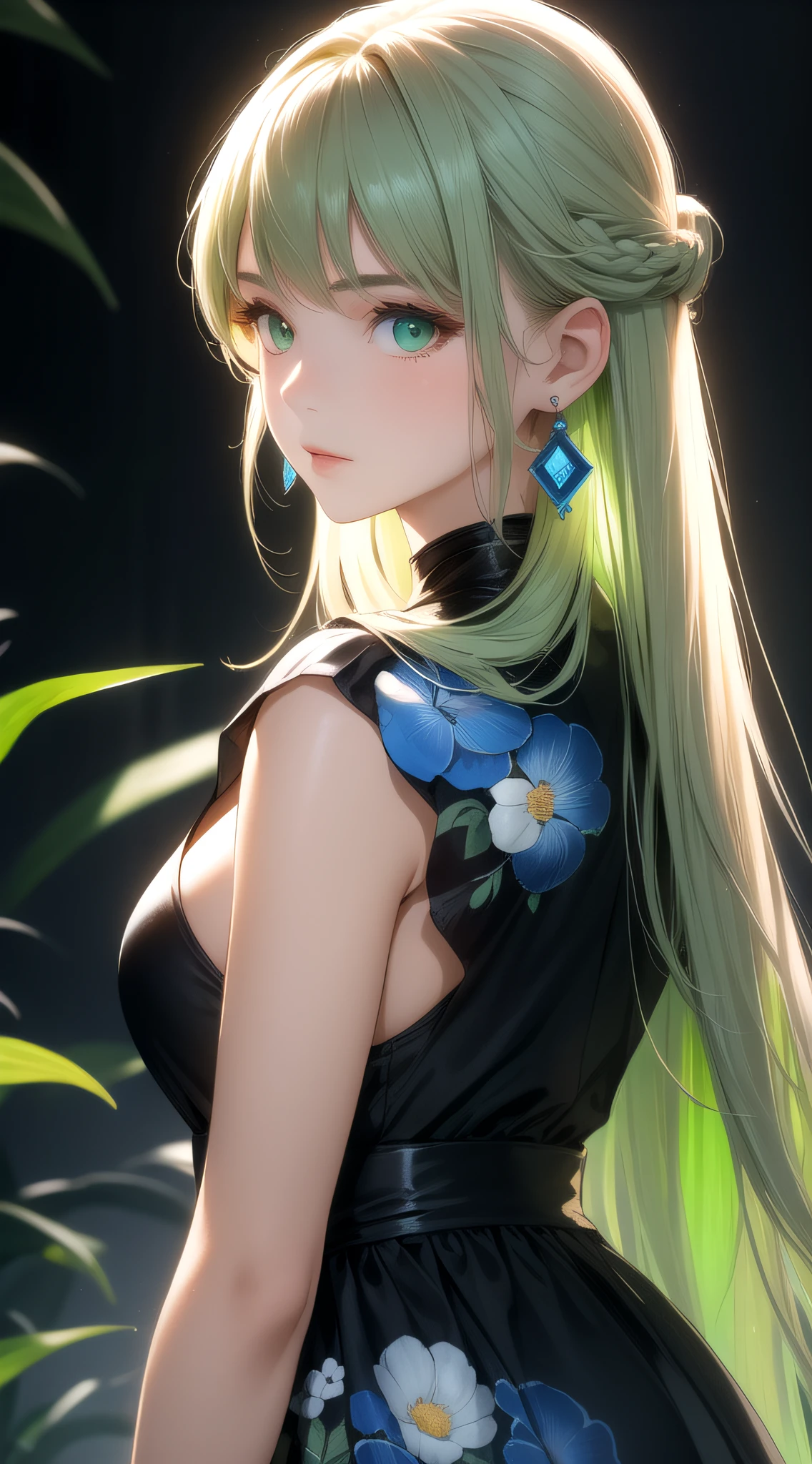 A beautiful girl with off-white long hair, white luminous eyes, green luminous earrings, and a black floral dress with blue and green patterns, masterpiece, studio light, professional, highres, best quality, HDR, shot from the side Light,