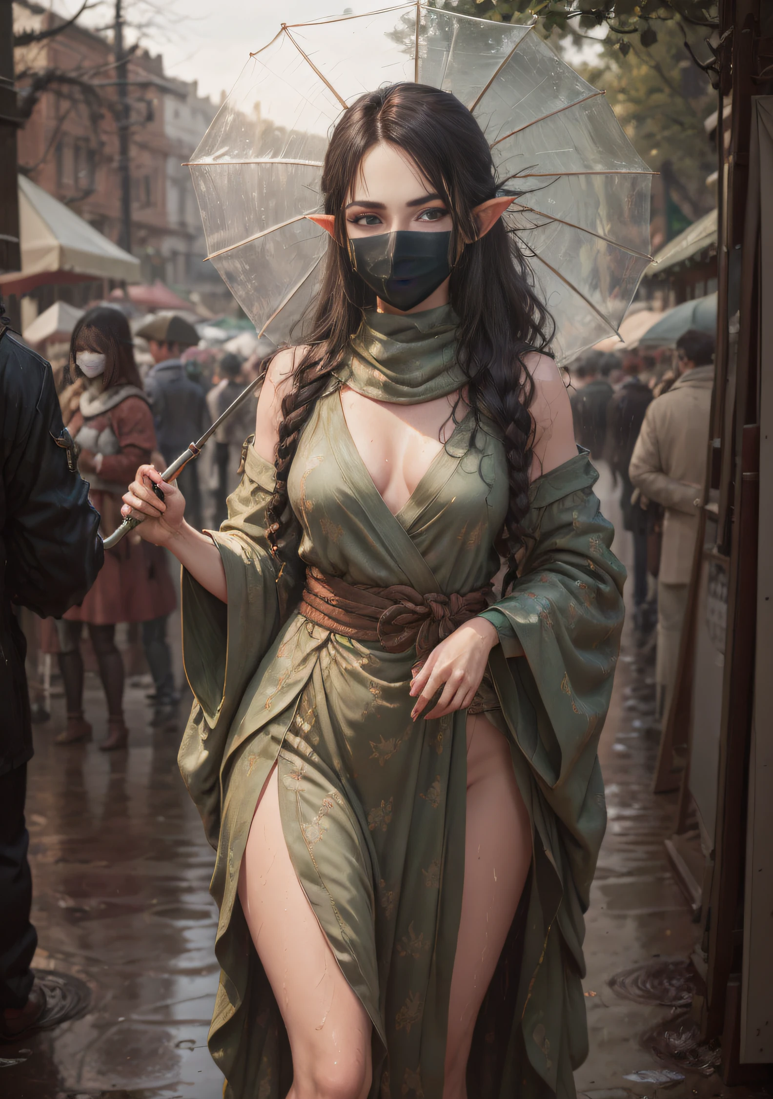 The elf stands and looks at the camera, holding an umbrella in his hand;, A girl stands at a fair in the rain, blue eyes and dark hair, pony tail, face mask, wet clothing, dark sky, Thin, Wet waist, Slender figure, Appearance of the model, confusion, sexuality, pixie, elf ears, Beautiful ears, green colored eyes, little chest, wet clothing, (Clothes shine through), (visible through clothes), Elf Girl, Sweet girl, attractive anime girl, beautiful anime girl, Cute beautiful anime woman, detailed digital anime art, beautiful anime girl, beautiful anime girl, Anime with small details, Best Quality, Masterpiece, Ultra-detailed, Beautiful, hight resolution, Original,CG 8K ультрареалистичный, perfect artwork, beatiful face, Face Clean, Skin, hyper realistic, Ultra Detailed, A detailed eye, dramatic  lighting, (Realistic) Realistic, Full HD, Best Quality, Best Quality, Beautiful lighting, (8k wallpaper of extremely detailed CG unit), High Details, sharp-focus, The art of dramatic and photorealistic painting, beautiful smile, You can see the chest, naked breasts, naked ass,