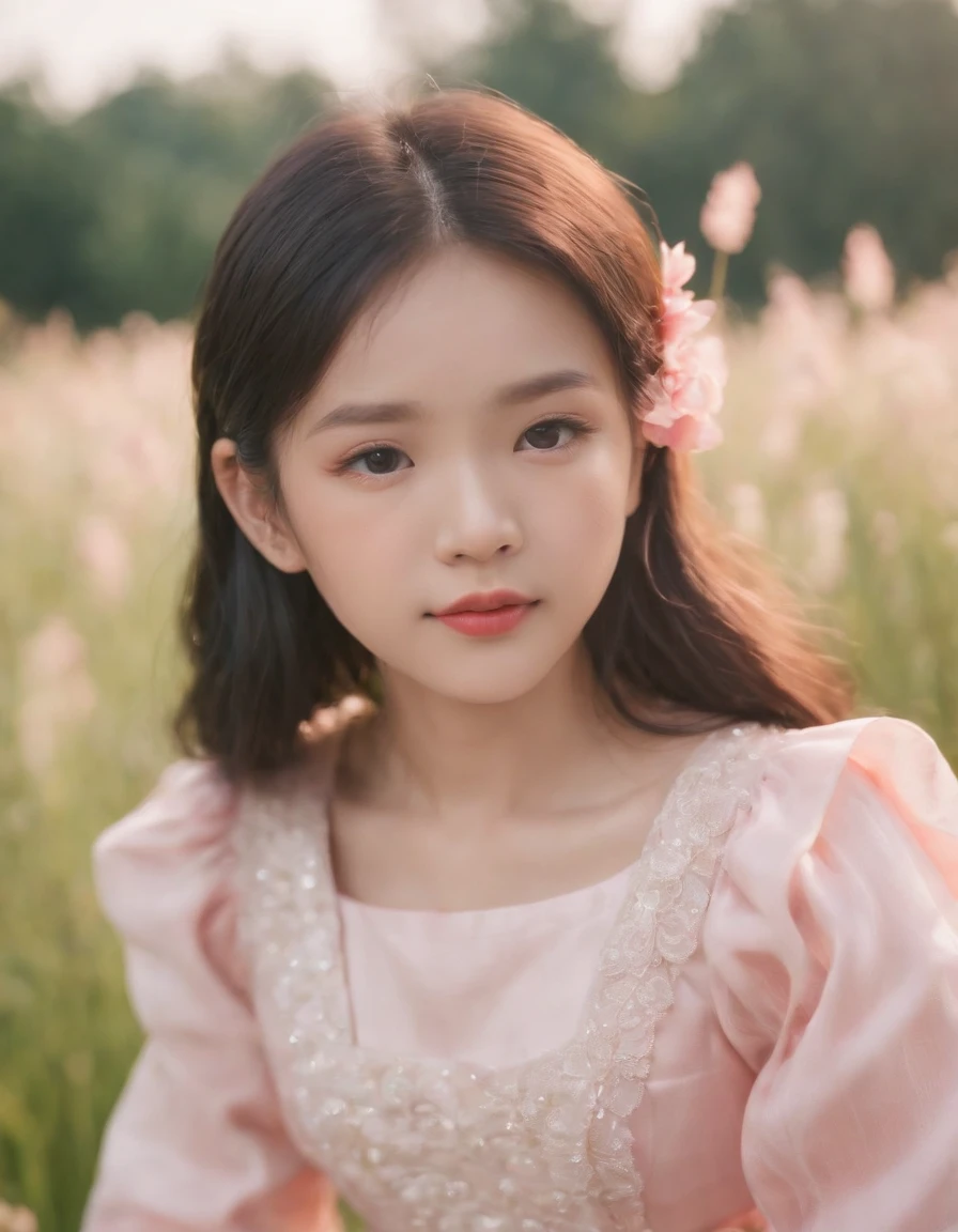 ((Asian children's style)), kawaii aesthetic style, neopop grass, pink princess dress, fujifilm pro 400h, blushing, fair skin, happy, stylish clothes, bright colors, (color photo) ((surreal)) Asian style, Soft but vibrant (medium close-up), soft light, face in focus