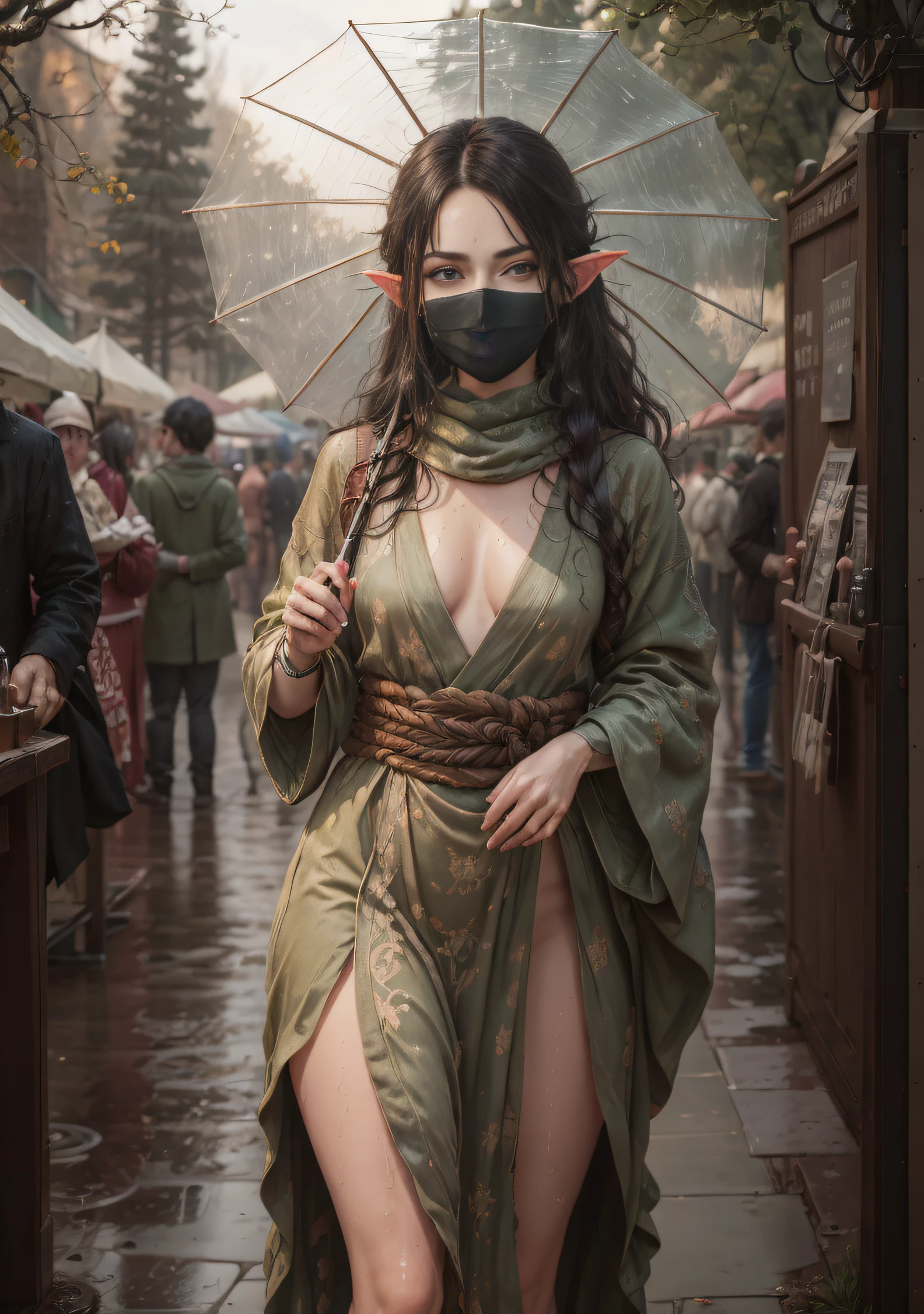 The elf stands and looks at the camera, holding an umbrella in his hand;, A girl stands at a fair in the rain, blue eyes and dark hair, pony tail, face mask, wet clothing, dark sky, Thin, Wet waist, Slender figure, Appearance of the model, confusion, sexuality, pixie, elf ears, Beautiful ears, green colored eyes, little chest, wet clothing, (Clothes shine through), (visible through clothes), Elf Girl, Sweet girl, attractive anime girl, beautiful anime girl, Cute beautiful anime woman, detailed digital anime art, beautiful anime girl, beautiful anime girl, Anime with small details, Best Quality, Masterpiece, Ultra-detailed, Beautiful, hight resolution, Original,CG 8K ультрареалистичный, perfect artwork, beatiful face, Face Clean, Skin, hyper realistic, Ultra Detailed, A detailed eye, dramatic lighting, (Realistic) Realistic, Full HD, Best Quality, Best Quality, Beautiful lighting, (8k wallpaper of extremely detailed CG unit), High Details, sharp-focus, The art of dramatic and photorealistic painting, beautiful smile, You can see the chest, naked breasts, naked ass,