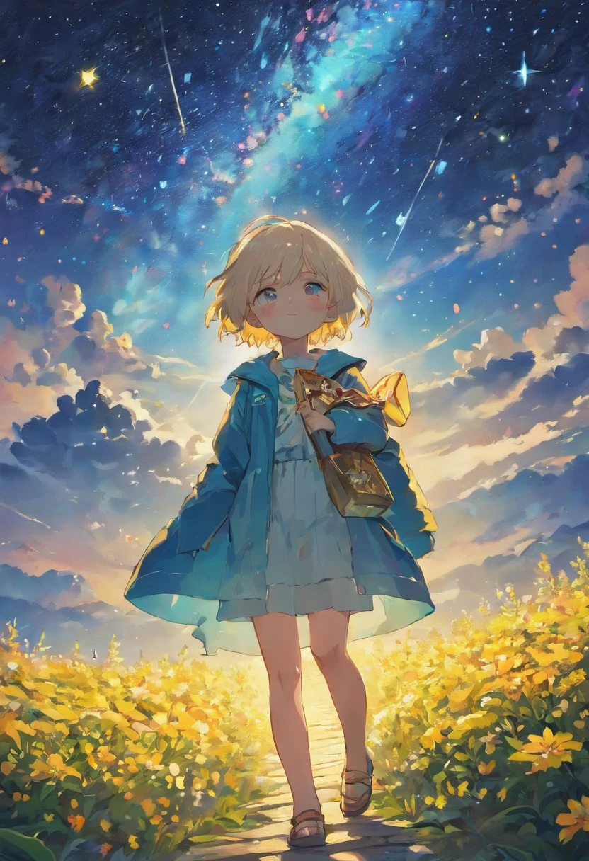 Anime little cute boy standing on a rock full of flowers looking at the sky full of stars, Sky a large whale before the full moon,Makoto Shinkai Cyril Rolando, Anime art wallpaper 4k, Anime art wallpaper 4 K, Anime art wallpaper 8 K, Cosmos Sky. By Makoto Shinkai, Inspired by Cyril Rolando, in the style dan mumford artwork, amazing wallpapers, By Yuumei, White hair