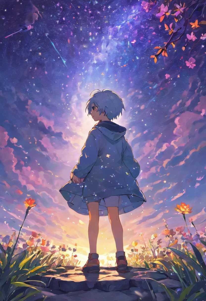 Anime little cute boy standing on a rock full of flowers looking at the sky full of stars, Sky a large whale before the full moon,Makoto Shinkai Cyril Rolando, Anime art wallpaper 4k, Anime art wallpaper 4 K, Anime art wallpaper 8 K, Cosmos Sky. By Makoto Shinkai, Inspired by Cyril Rolando, in the style dan mumford artwork, amazing wallpapers, By Yuumei, White hair