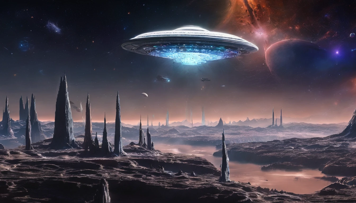 ((Masterpiece))，(Best quality))，Magnificent space image scene，heavenly body，Interstellar，Huge star gates，（（（Huge starship））），Spaceship，Shining starry sky，8K，super-fine，high qulity