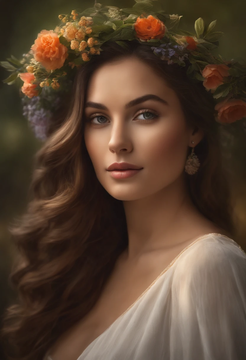 A woman with a graceful and gentle presence stands at the center of the work. Her facial expression exudes sex appeal and intelligence. Her smiling eyes, detailed and full of depth, attract the viewer with their intensity. The woman's feminine nose adds to her distinct appearance, emphasizing her soft features. Her lips are beautifully sculpted, subtly suggesting a sense of mystery. The focus on her face and the intricate details of her adds a sense of realism to the portrait of her.

The artwork is created using a combination of traditional oil painting techniques and digital rendering, resulting in a visually stunning medium. The rich textures of the brushstrokes and meticulous attention to detail highlight the depth and complexity of the subject.

Around the woman, more elements add depth to the composition. In the background, a beautifully landscaped garden showcases lush greenery and vibrant flowers, creating a serene and captivating atmosphere. The artist's attention to detail is reflected in every blade of grass and petal, as well as in the play of light and shadow in the scene.

The overall image quality of the artwork is of the highest standards, aiming to achieve a realistic and photorealistic representation. The use of high-resolution techniques, such as 4K or 8K, ensures that every aspect of the artwork is presented with impeccable clarity and sharpness.

The color palette of the artwork is carefully selected to enhance the overall mood and atmosphere. Soft, natural tones are used to create a harmonious and balanced composition, while vibrant pops of color in the flowers and foliage add visual interest and a pop of vibrancy.

The lighting in the artwork is meticulously crafted to illuminate the subject and highlight its features. The use of studio lighting techniques ensures that the man's face is expertly illuminated, with the play of light and shadow accentuating his strong contours and creating a sense of depth.

Overall, the artwork portrays a woman