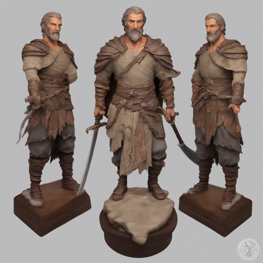 bust of a man with a sword, highly detailed character, high detail iconic character, fantasy assassin, male medieval assassin, holds a sword, bust portrait of an assassin, resin statue, medieval fantasy game art