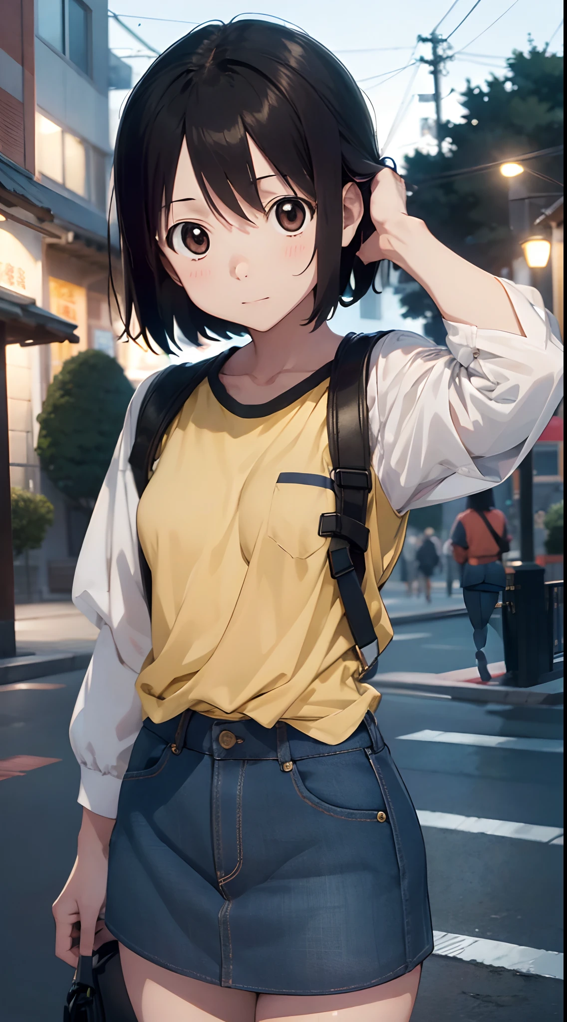 nakahara_misaki, two-tone shirt, denim skirt, outdoors, park, night, long hair, cute face