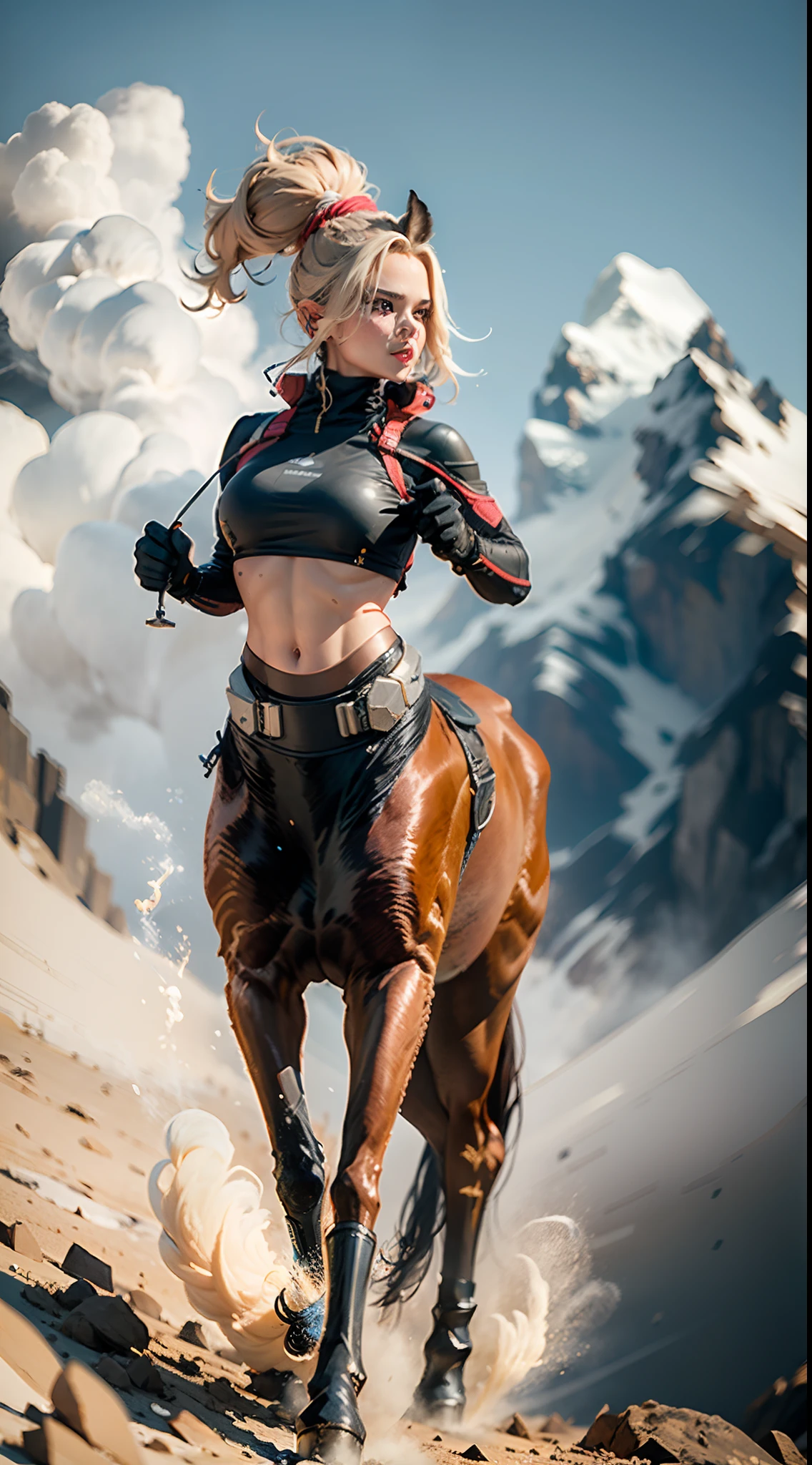 In a very grand scene，The extra-large wide-angle lens captures the appearance of a female centaur。（She is traveling through the stars：9.9），She is tall，It has the ultimate curvy beauty，The muscles are slender and firm，Beautiful lines。Her facial features are tough and coquettish，Always with a sunny smile。She wears special tight-fitting equipment with a strong sense of technology，Step on multifunctional off-road style heels，Delicate and practical protective gear is worn on the hands, feet, wrists, neck and shoulders。The detection equipment around you flashes various cue lights and neon-like information screens，Let her exude a charming brilliance。Use Midjourney's advanced tools，Design special tight-fitting equipment for female centaurs，Highlight her unique physiological characteristics and appearance details，Add realism。And in her adventure scene，Spectacular views of nature，Such as the sky where storms and sunny days alternate、Brilliant rivers of stars and auroras、The snow-capped summit of Mount Everest、Fireworks in the mountain town, etc。ao mesmo tempo，Away from the hustle and bustle of Long Beach Pier is a neon-lit spaceship docked，Create a fantastic scene。Use Midjourney's advanced tools and multiple color palettes、Brush Strokes、Texture tools and model packages，It shows a sense of atmosphere where beauty and charm coexist。The charm of the female centaur is highlighted through color and lines，Enhance realism with detailing，Create a surreal dreamy feeling。Additionally，Use Midjourney's tools to add a variety of extreme sports gear and cultural trinkets to the female centaur，Create intricate hairstyles and outfits，Give her a sense of premium。She never flinches，Regardless of the terrain，can respond quickly，Even the extreme geography and dangerous terrain of aliens cannot stop her。Use Midjourney's powerful tools，You can do it with incredible detail and beauty，Bring this ultra-grand and beautiful scene to life。Ultra-grand scenes，super wide shot， hdr，（真实感，Masterpiece quality，