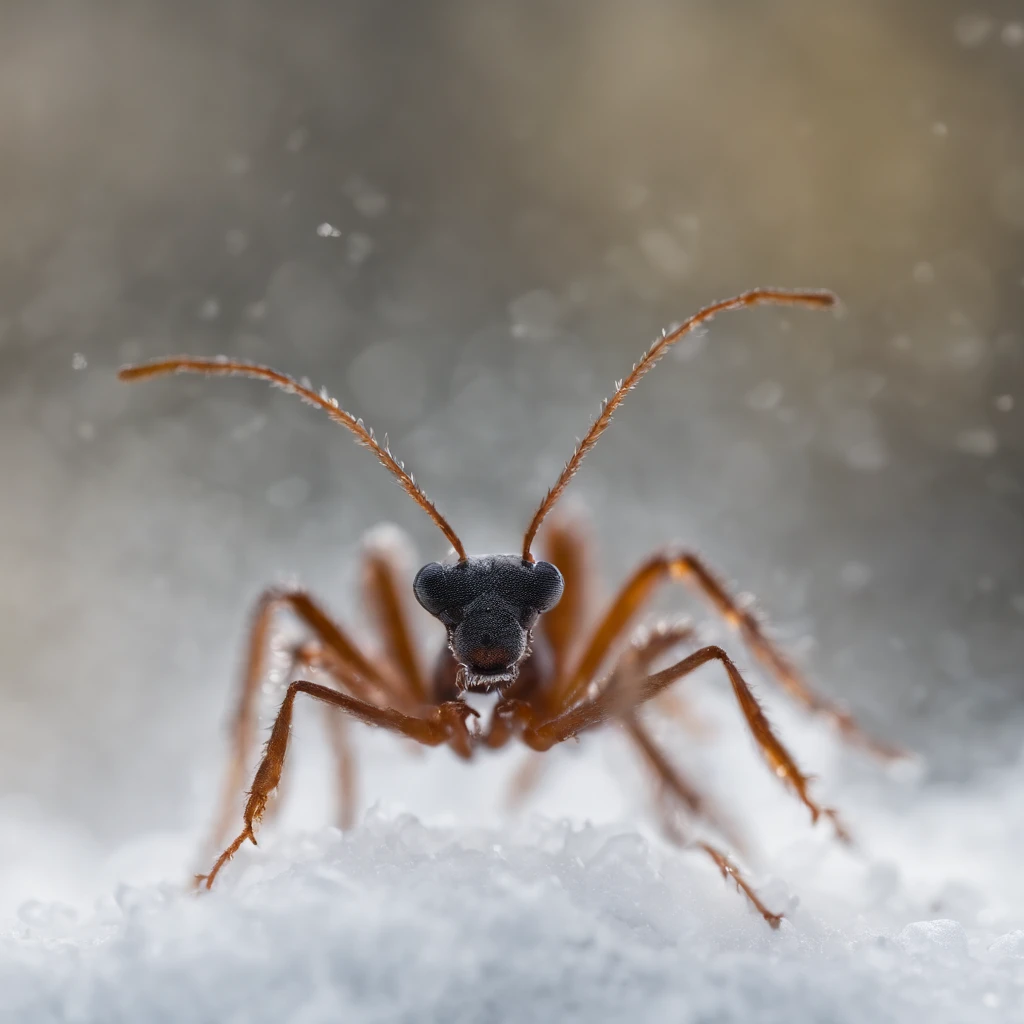 an ant stands in a snowflake dropping from the air