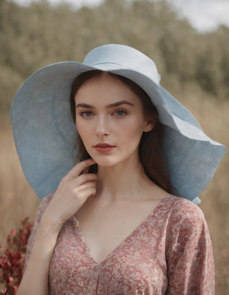 young woman in hat wearing a shirt over her head, in the style of light sky-blue and dark red, fujifilm pro 400h, kintsugi, alex colville, uhd image, troubadour style, fauvist portraiture