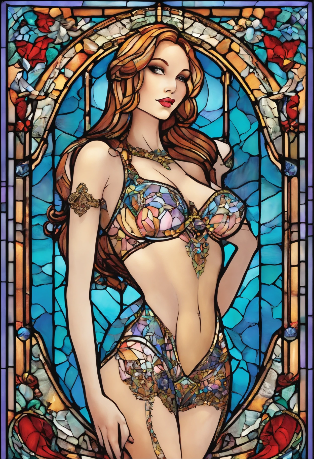 princess, wearing sexy lingerie and beautiful stockings with garter belts, cupping her hands together cheerfully, portrait of stained glass, extremely detailed, absurdes