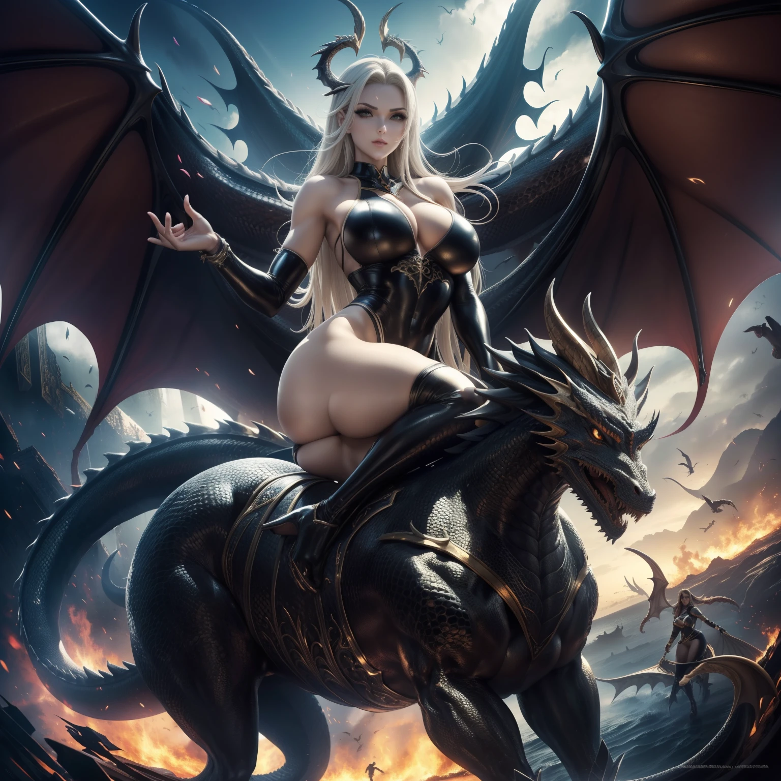 ( qualidade 8k ), ( melhor qualidade ), ( Ultra HD | ), ( Anatomia do personagem perfeita ), ( perfect lighting ), ( Foto corpo inteiro 8k ), ( Detalhamentos perfeitos ), ( Detalhes do personagem perfeitos ), ( Details of the perfect setting ), ( obra prima ), ( Foto de corpo inteiro 8k ), ( Female body built perfect for female character ), ( Perfect construction of the dragon body ), mulher bela, cor branca, cabelos lisos e longos, cabelos preto, corpo perfeito, pernas perfeitas, vestida com um lindo vestido vermelho feminino grego, Riding a beautiful and huge mythological dragon with wings