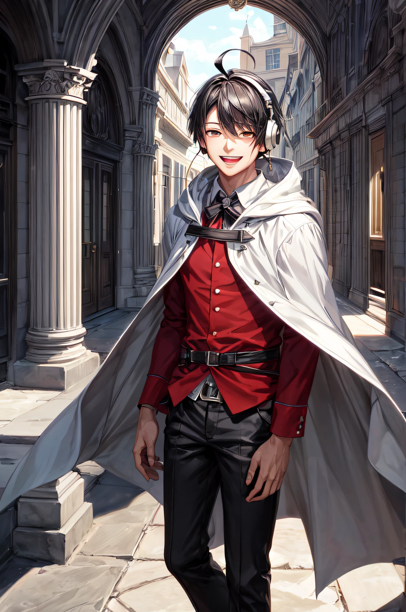 best quality,masterpiece,original,extremely detailed wallpaper,looking at viewer,1boy,solo,male focus,ahoge,laughing,smile,happy,white cloak, headphones,black hair,black eyes,full body, cowboy shot