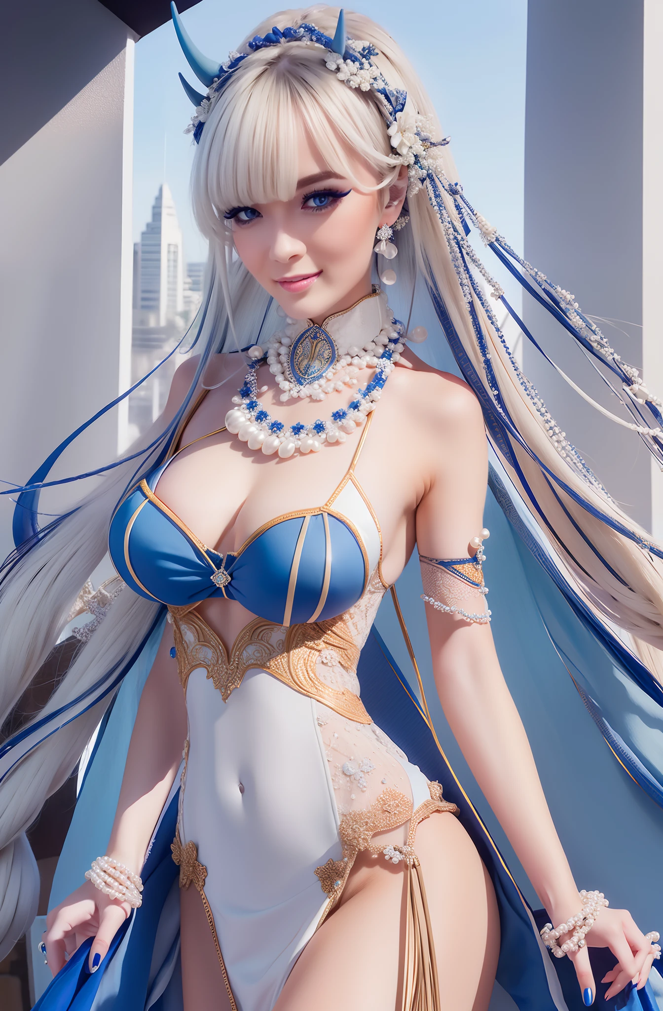 white long hair, pearl necklace, wearing blue navydress elegant, smile expression, staring intently, 3horn headband, blue nails, photorealistic, masterpiece