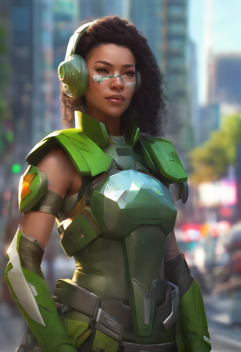 Generate a cartoon caricature image of a solarpunk-inspired eco-street guardian knight in a lush, vibrant metropolis. The guardian is a strong and determined Asian woman, wearing futuristic, lightweight solar-powered full-body armor with a golden sheen. Her armor incorporates elements reminiscent of a 1900s policeman's uniform while still maintaining its solarpunk design. A star-shaped crest is visible on her chest. Her face is uncovered, radiating determination as she patrols the eco-friendly streets. The cityscape around her is a thriving, green paradise, with advanced solar technology seamlessly integrated into the architecture. This guardian symbolizes sustainability and protection in this utopian urban setting while proudly representing her Mohawk heritage with a touch of historical flair.