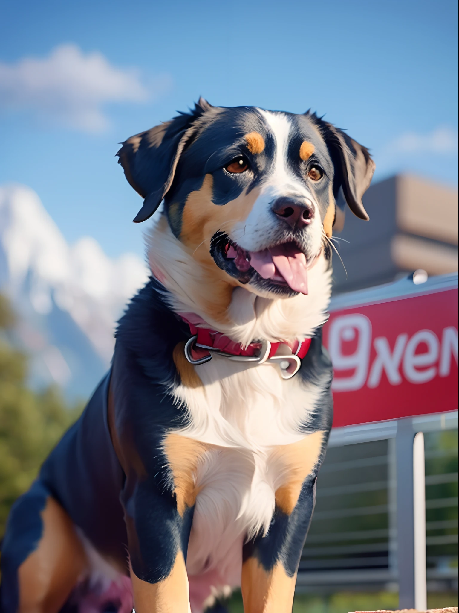 A Swiss Mountain Dog is at a dog park, wearing a superhero cape. The dog is standing on a small stage with a sign that says, "Dog Talent Show." Hyper-realistic, 8K, Ultra HD, Pixar style, Disney style, CINEMA 4D, -- ar 3:2 --auto --s2