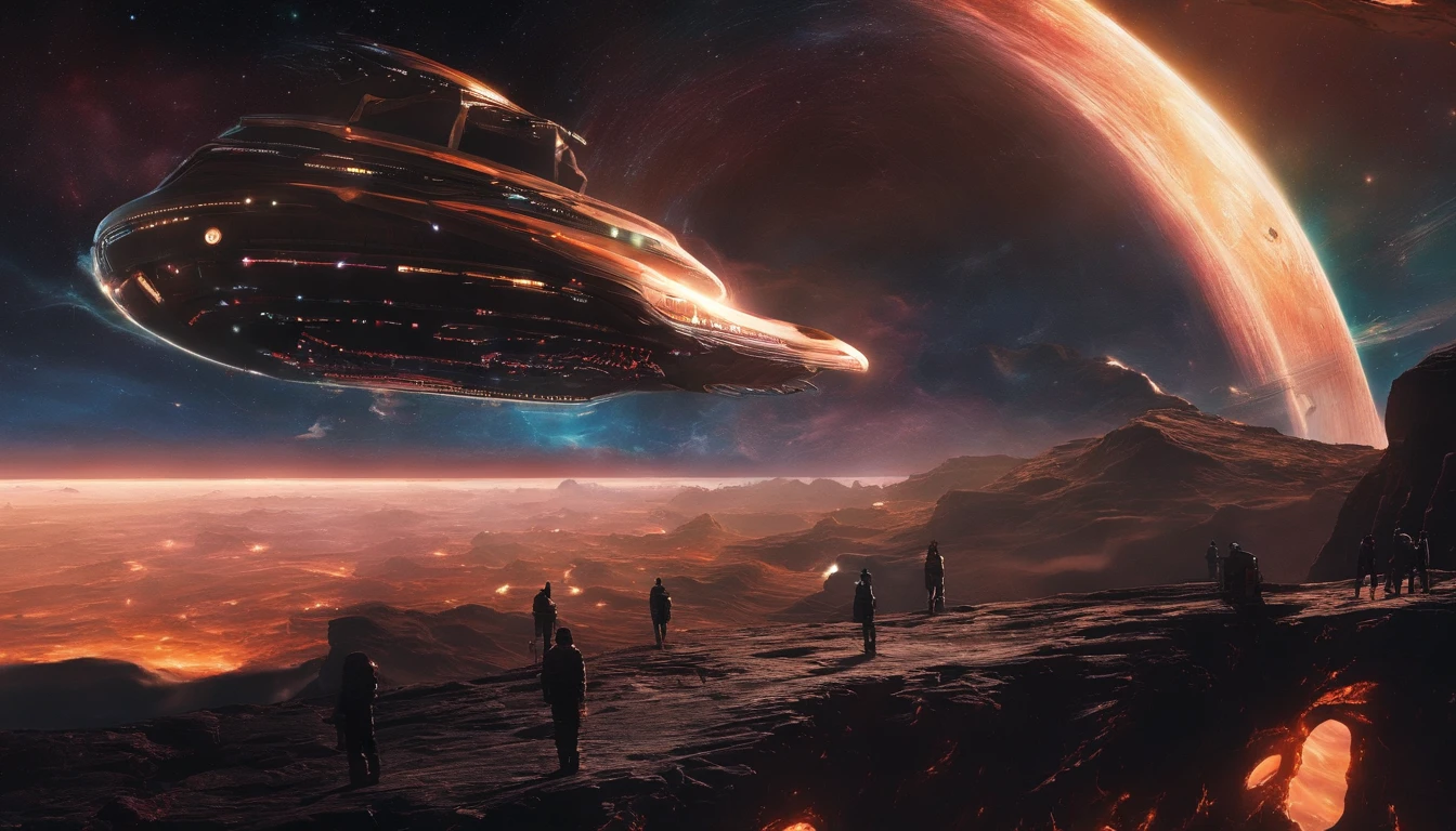 ((Masterpiece)),(Best quality)),Magnificent space image scene,heavenly body,Interstellar,Huge star gates,(((Huge starship))),Spaceship,Shining starry sky,8K,super-fine,high qulity