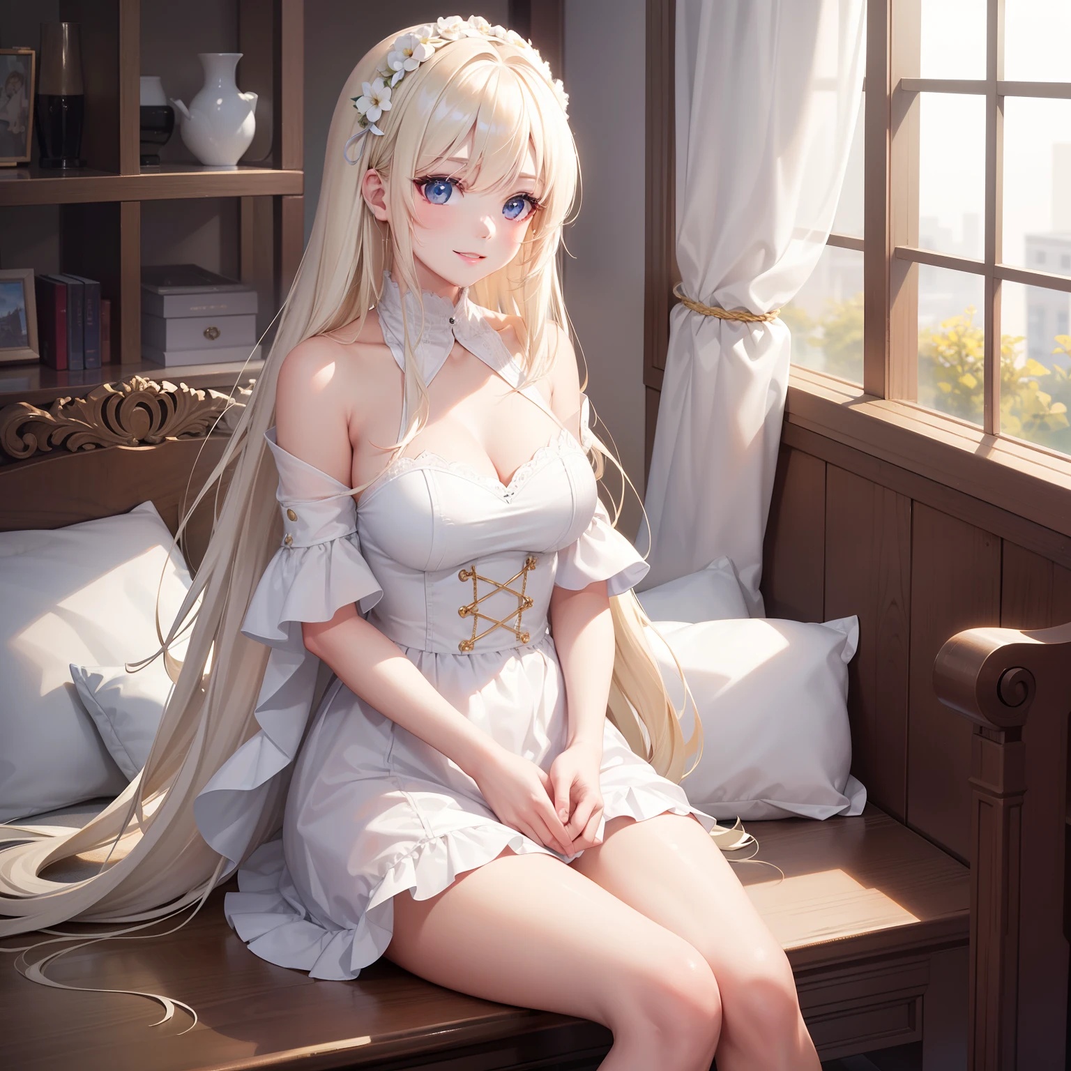 girl, a smile、White blonde hair 、top-quality、​masterpiece、HD image quality、beautiful a girl、a beauty girl、
