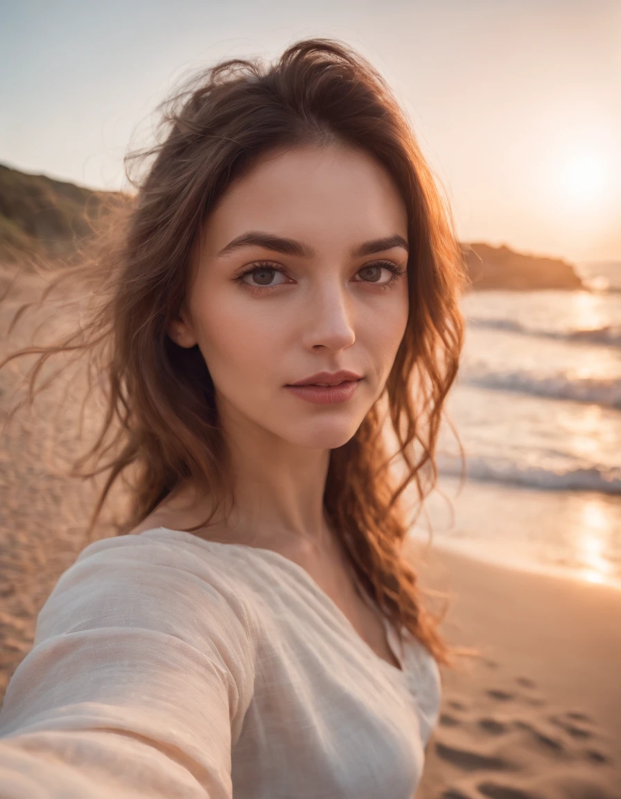 a woman takes a fisheye selfie on a beach at sunset, the wind blowing through her messy hair. The sea stretches out behind her, creating a stunning aesthetic and atmosphere with a rating of 1.2.