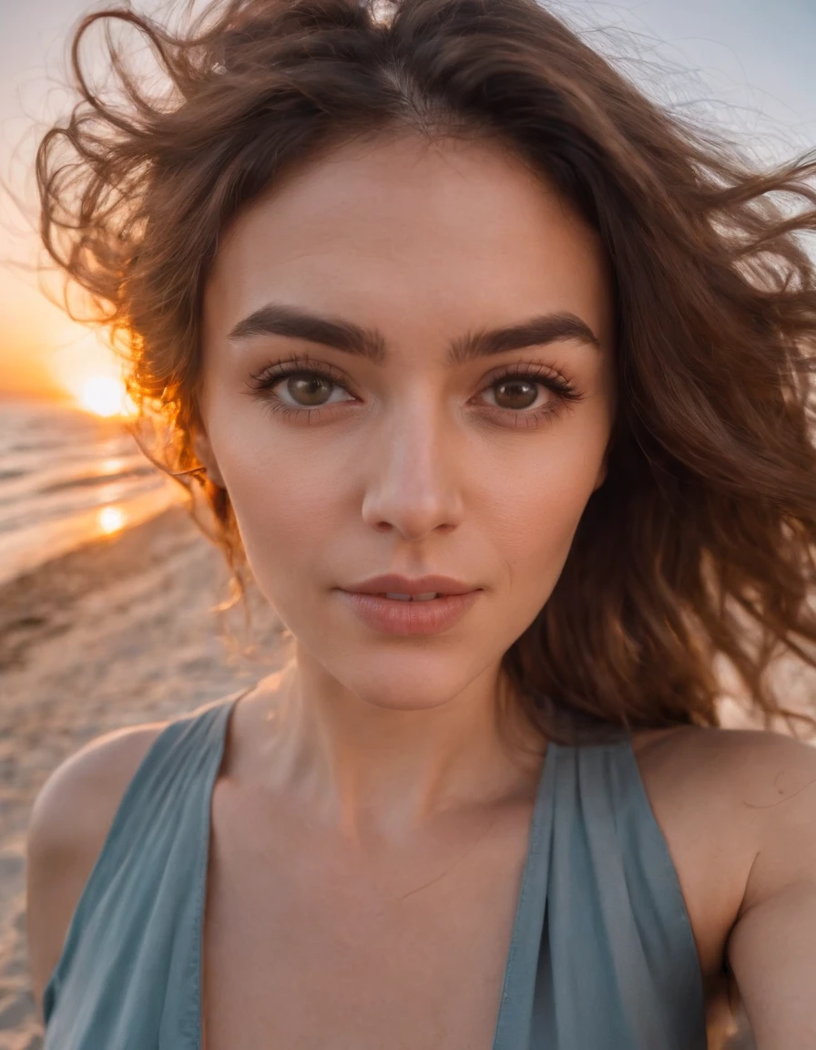a woman takes a fisheye selfie on a beach at sunset, the wind blowing through her messy hair. The sea stretches out behind her, creating a stunning aesthetic and atmosphere with a rating of 1.2