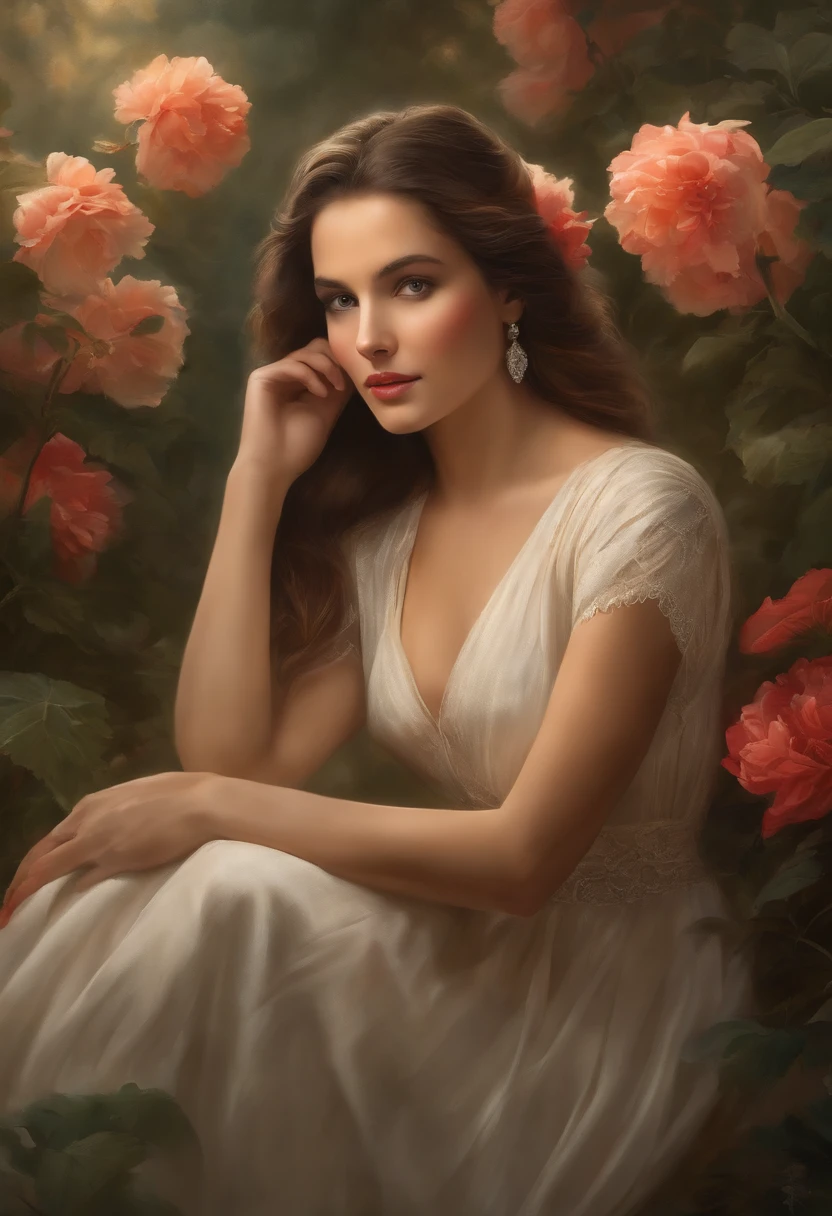 A woman with a graceful and gentle presence stands at the center of the work. Her facial expression exudes sex appeal and intelligence. Her smiling eyes, detailed and full of depth, attract the viewer with their intensity. The woman's feminine nose adds to her distinct appearance, emphasizing her soft features. Her lips are beautifully sculpted, subtly suggesting a sense of mystery. The focus on her face and the intricate details of her adds a sense of realism to the portrait of her.
The artwork is created using a combination of traditional oil painting techniques and digital rendering, resulting in a visually stunning medium. The rich textures of the brushstrokes and meticulous attention to detail highlight the depth and complexity of the subject.
Around the woman, more elements add depth to the composition. In the background, a beautifully landscaped garden showcases lush greenery and vibrant flowers, creating a serene and captivating atmosphere. The artist's attention to detail is reflected in every blade of grass and petal, as well as in the play of light and shadow in the scene.
The overall image quality of the artwork is of the highest standards, aiming to achieve a realistic and photorealistic representation. The use of high-resolution techniques, such as 4K or 8K, ensures that every aspect of the artwork is presented with impeccable clarity and sharpness.
The color palette of the artwork is carefully selected to enhance the overall mood and atmosphere. Soft, natural tones are used to create a harmonious and balanced composition, while vibrant pops of color in the flowers and foliage add visual interest and a pop of vibrancy.
The lighting in the artwork is meticulously crafted to illuminate the subject and highlight its features. The use of studio lighting techniques ensures that the man's face is expertly illuminated, with the play of light and shadow accentuating his strong contours and creating a sense of depth.
Overall, the artwork portrays a woman