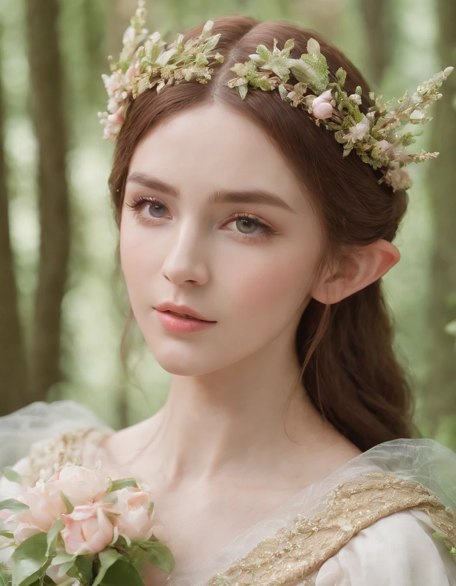 Elf Princess，Extremely detailed CG graphics，Best Picture Quality，A high resolution，Fantastic and beautiful scene，Floating posture，A girl in a white fairy robe，Blue eyes，Pure face，Droplets of water sprinkled in the sky，Clouds，twilight，A wide landscape，Watercolor-like picture。