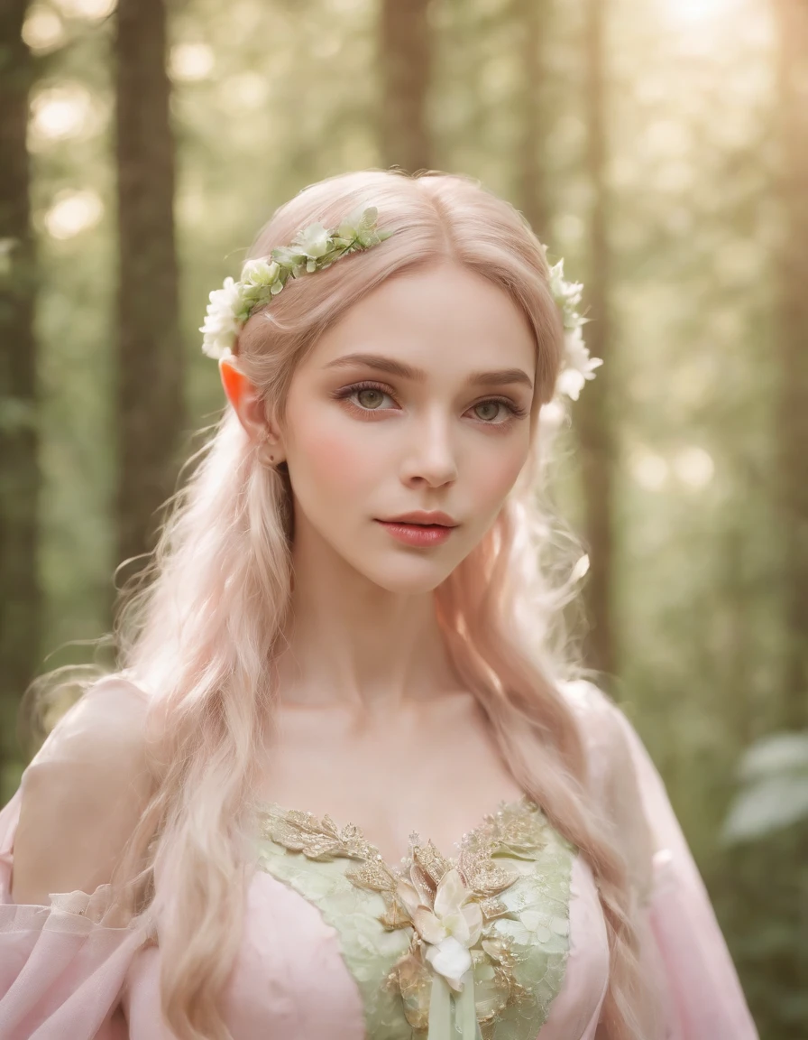 An elf princess in the forest, pointy ears, in the style of light pink and light green, anime aesthetic, detailed costumes, i can't believe how beautiful this is, photo-realistic techniques, birds & flowers, light gold and green，upper body