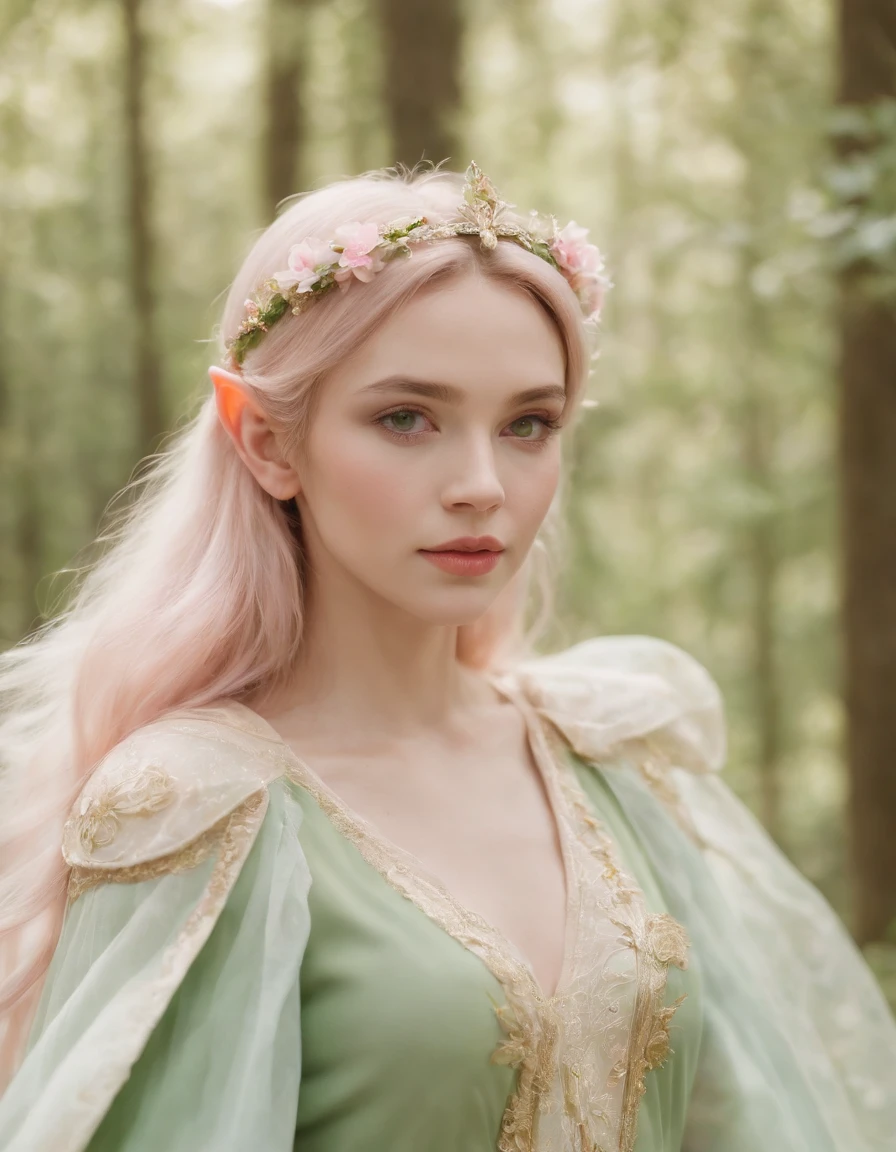 An elf princess in the forest, pointy ears, in the style of light pink and light green, anime aesthetic, detailed costumes, i can't believe how beautiful this is, photo-realistic techniques, birds & flowers, light gold and green，upper body