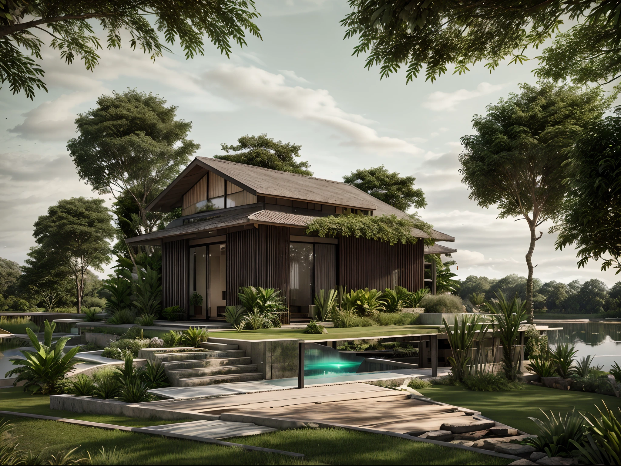 tropical bungalow, modern, grass, trees, light sky, stone way, nature enviroment, house stay a half on ground and half on the lake, roof tile, metal railing, sunshine, render house, render realistic