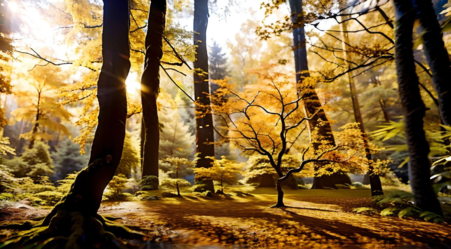 there is a small tree in the middle of a forest, forest colors, german forest, in the autumn forest, forest light, autumn forest, in an evening autumn forest, forest in the morning light, bright forest, autumn light, forest details, rich forest, sunny day in the forrest, forest trees, nordic forest colors, in serene forest setting, forest scenery, photorealistic, 8K resolution, 16:9