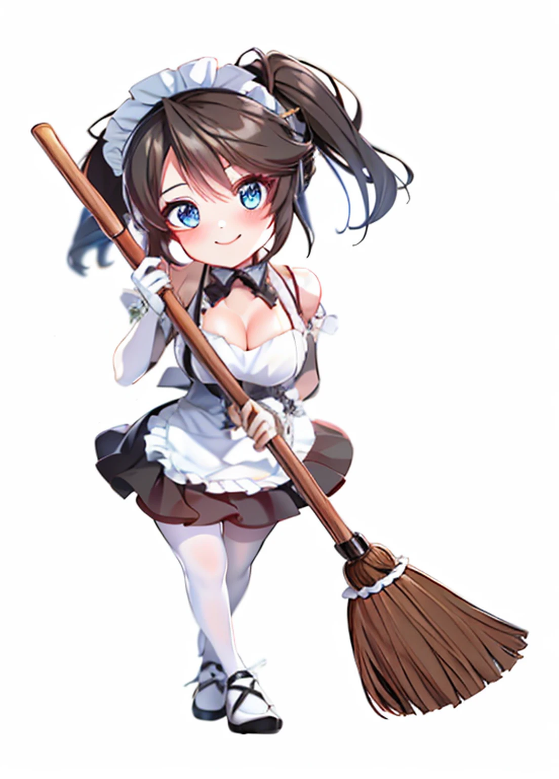 holding broom, gorgeous maid, anime girl in a maid costume, adolable,Lori huge breasts cleavage,Cute hand holding a broom,