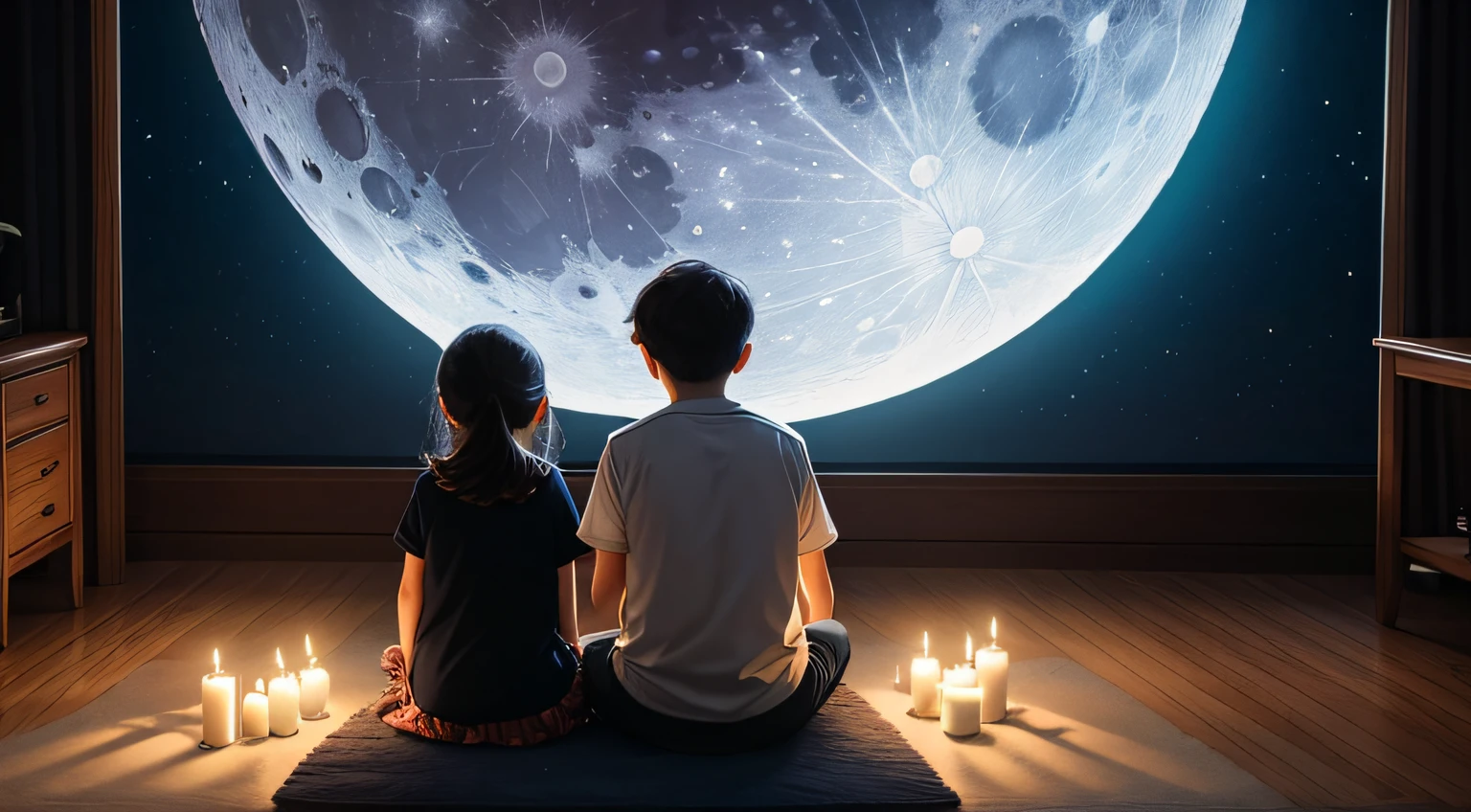 A young boy and a young girl are sitting in a room lighting a candle, a very large room, at moon light night,