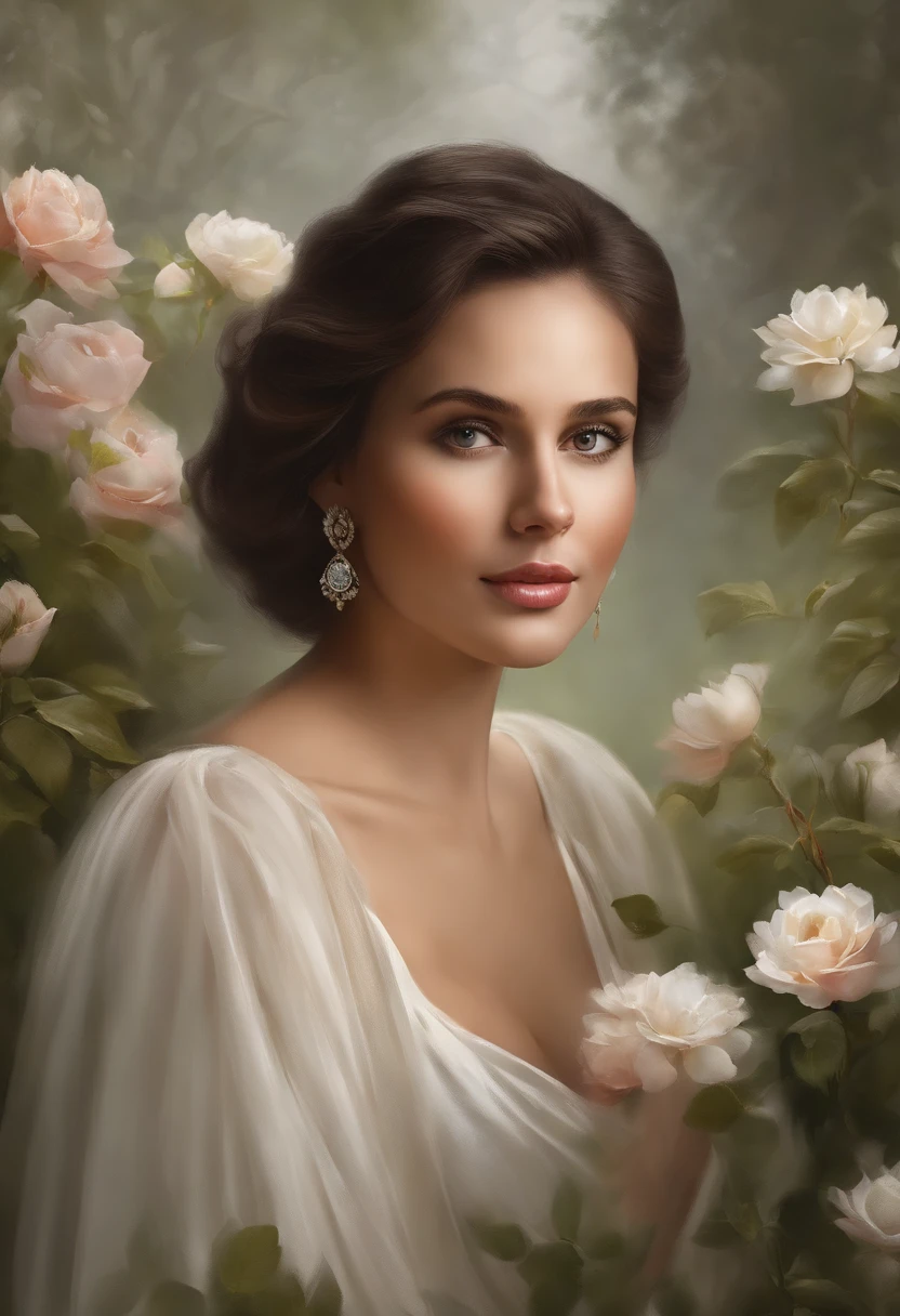 A woman with a graceful and gentle presence stands at the center of the work. Her facial expression exudes sex appeal and intelligence. Her smiling eyes, detailed and full of depth, attract the viewer with their intensity. The woman's feminine nose adds to her distinct appearance, emphasizing her soft features. Her lips are beautifully sculpted, subtly suggesting a sense of mystery. The focus on her face and the intricate details of her adds a sense of realism to the portrait of her.
The artwork is created using a combination of traditional oil painting techniques and digital rendering, resulting in a visually stunning medium. The rich textures of the brushstrokes and meticulous attention to detail highlight the depth and complexity of the subject.
Around the woman, more elements add depth to the composition. In the background, a beautifully landscaped garden showcases lush greenery and vibrant flowers, creating a serene and captivating atmosphere. The artist's attention to detail is reflected in every blade of grass and petal, as well as in the play of light and shadow in the scene.
The overall image quality of the artwork is of the highest standards, aiming to achieve a realistic and photorealistic representation. The use of high-resolution techniques, such as 4K or 8K, ensures that every aspect of the artwork is presented with impeccable clarity and sharpness.
The color palette of the artwork is carefully selected to enhance the overall mood and atmosphere. Soft, natural tones are used to create a harmonious and balanced composition, while vibrant pops of color in the flowers and foliage add visual interest and a pop of vibrancy.
The lighting in the artwork is meticulously crafted to illuminate the subject and highlight its features. The use of studio lighting techniques ensures that the man's face is expertly illuminated, with the play of light and shadow accentuating his strong contours and creating a sense of depth.
Overall, the artwork portrays a woman