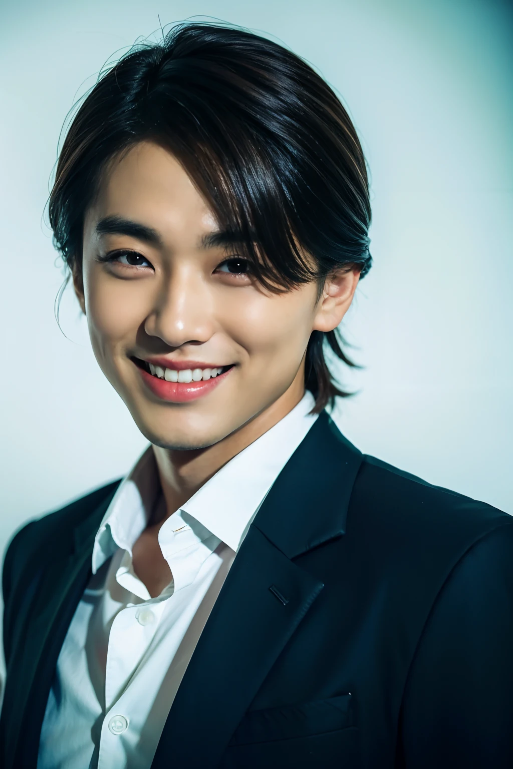 Top quality, one handsome Japanese men, double lid eye, evil smile, 30 years old, looking at viewer, wearing dark suits, 35mm lens, f/1, cowboy shot, (white background: 1.3), flat chest, on hotel lounge