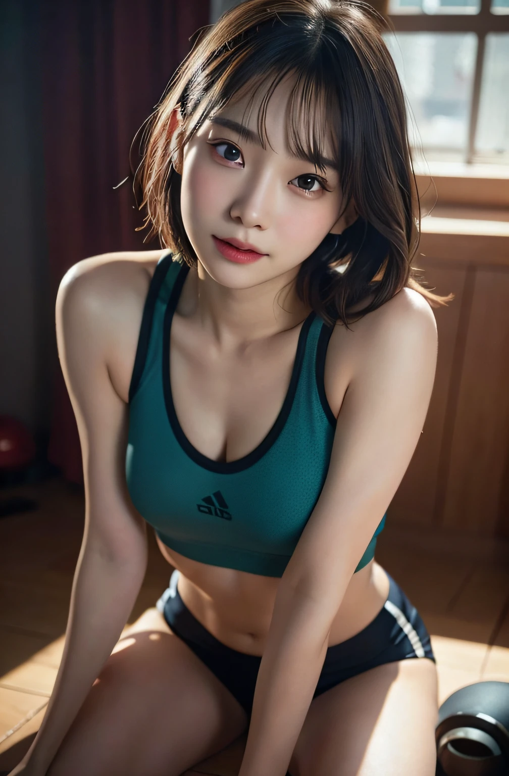 Innocent 14 year old girl、(Wear a sports bra)、Female athletes,sport tank top,hotpants,sweat leggs、Sitting in the room、Smile,short-cut、Raw photo, (8K、top-quality、masterpiece:1.2)、(intricate detailes:1.4)、(Photorealsitic:1.4)、octane renderings、Complex 3D rendering ultra detail, Studio Soft Light, Rim Lights, vibrant detail, super detailing, realistic skin textures, Detail Face, Beautiful detail eyes, Very detailed CG Unity 16k wallpaper, make - up, (detailedbackground:1.2), shinny skin, Full body