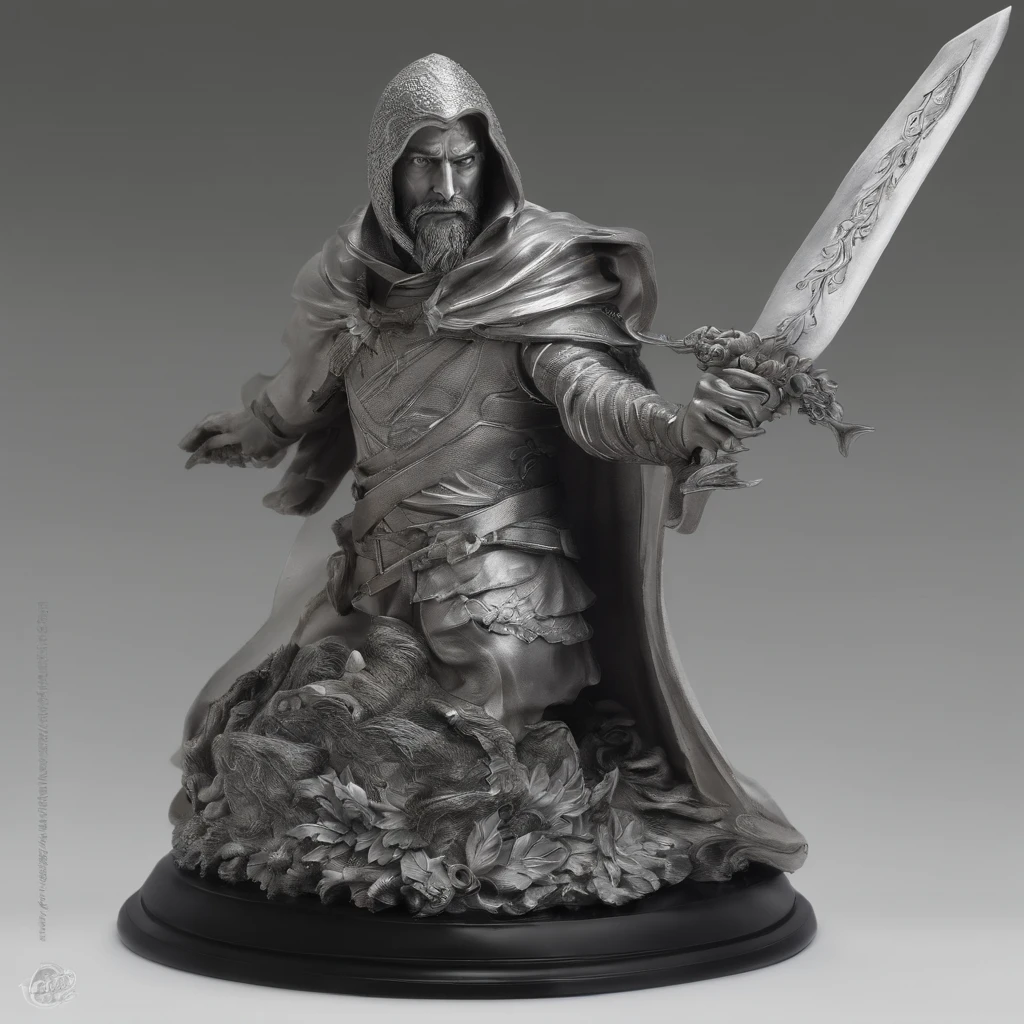 bust of a man with a sword, highly detailed character, high detail iconic character, fantasy assassin, male medieval assassin, holds a sword, bust portrait of an assassin, resin statue, medieval fantasy game art