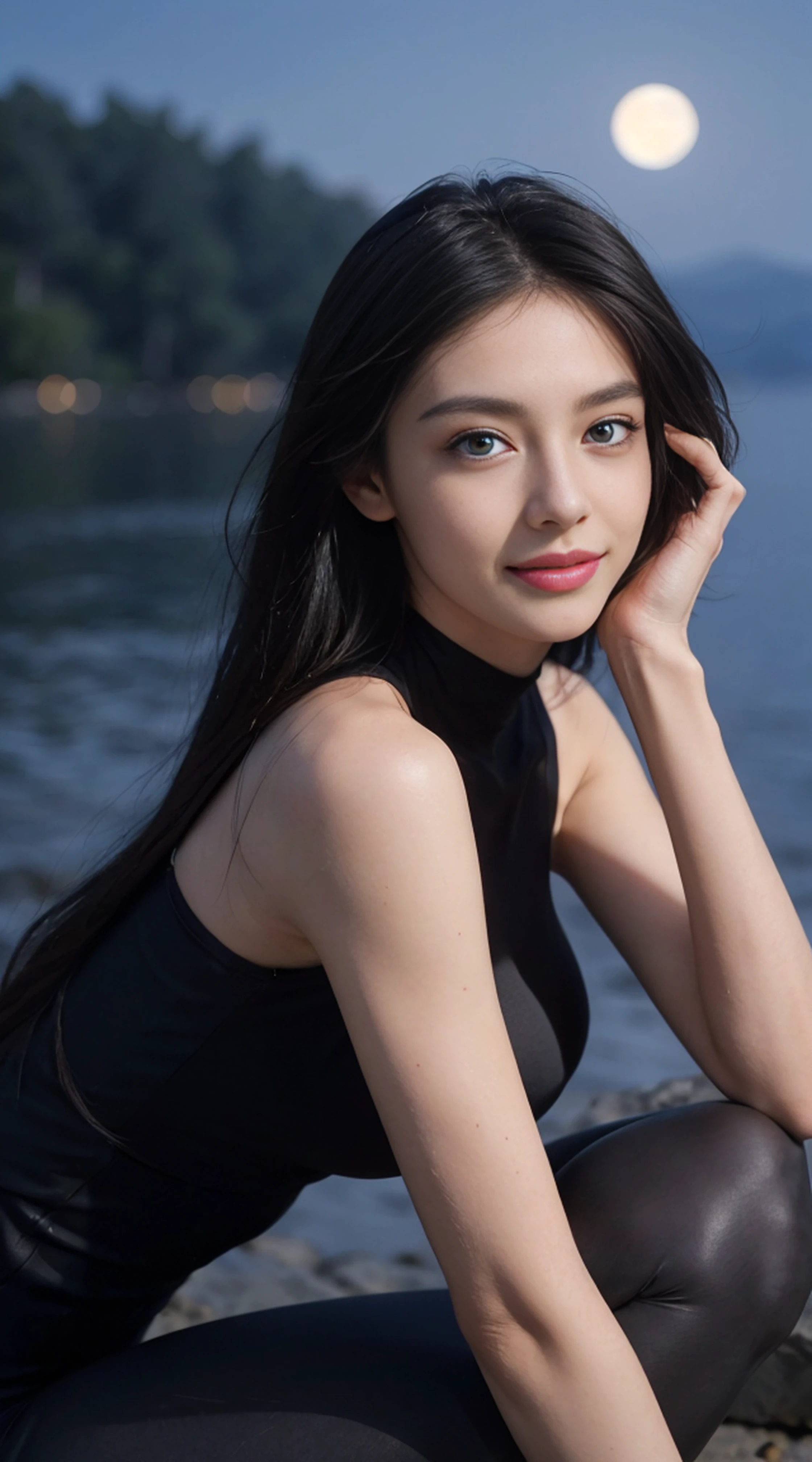 8K, Top Quality, Intricate Details, Ultra Detail, Ultra High Resolution, Masterpiece, random angle, Slender, Smile, (Makeup: 0.4), (Fluffy Blue Eyes: 1.21), blue Eyes, looking at viewer, ((full body)), 1girl, solo, 1 girl, (( full body)), close up shot, , ((tall)), (((fit body))), (((slim face))), sharp face, sharp eyes, (((black hair, long hair, )) (detailed face), sharp face, small lips,
((Leggings)), detailed face, detailed breast, , large breast, detail ass, , Beautiful girl with accentuated slender abs: 1.4, Six Pack Abs: 1.4, Bust Botox, Big, Perfect Body, detail leg, (( moonlight)), top of mountain