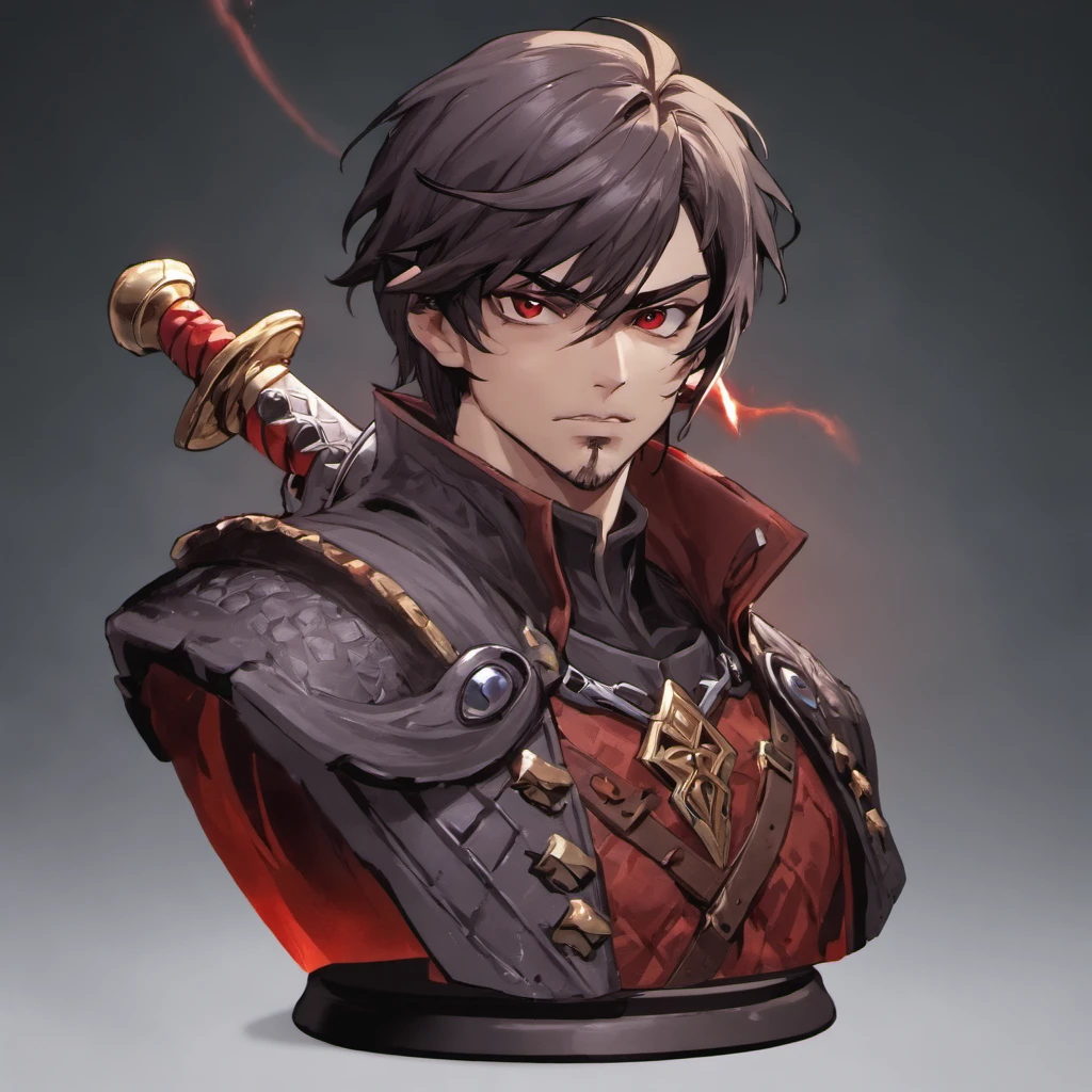 bust of a man with a sword, highly detailed character, high detail iconic character, fantasy assassin, male medieval assassin, holds a sword, bust portrait of an assassin, resin statue, medieval fantasy game art