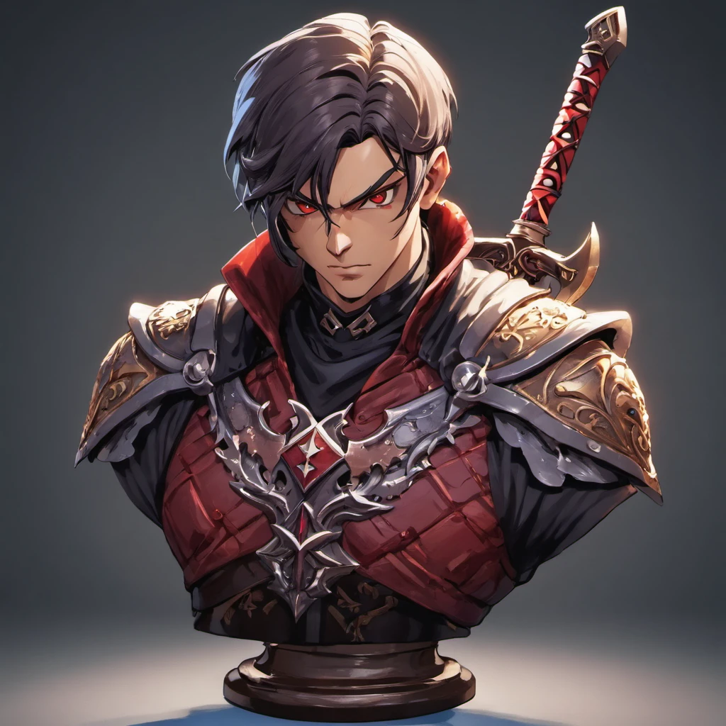 bust of a man with a sword, highly detailed character, high detail iconic character, fantasy assassin, male medieval assassin, holds a sword, bust portrait of an assassin, resin statue, medieval fantasy game art