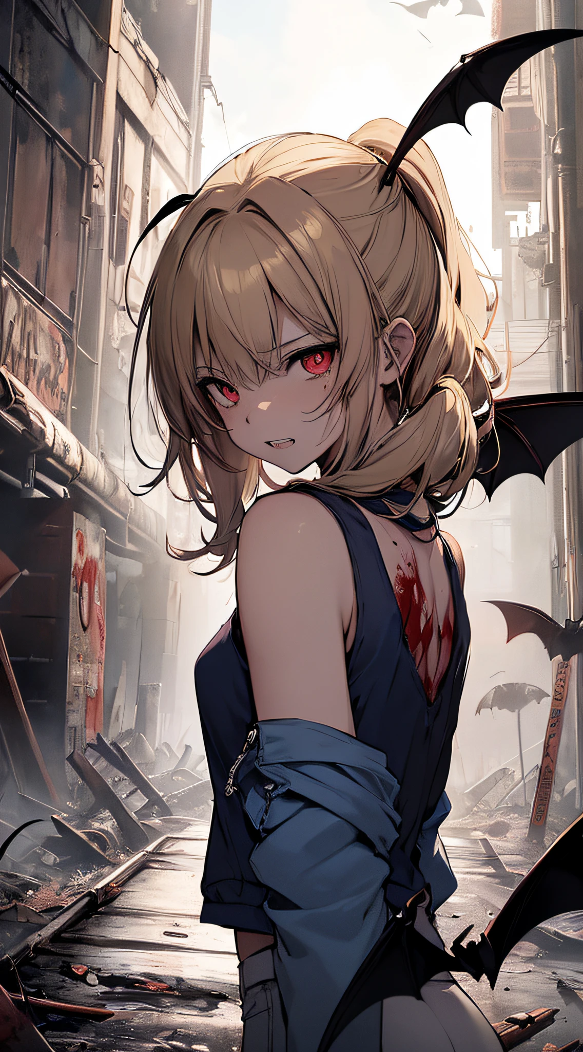 top-quality、Top image quality、​masterpiece、girl with((18year old、tatteredclothing、Black tank top、Blue jacket、White pants、Best Bust、Bust 85、a blond、disheveled ponytail、Red Eyes、open chest wide、Happiness、Return blood、Blood from the mouth、Hold a chain sickle in both hands)）hiquality、visualart、Background with((World of War,World of the Apocalypse、Nightmare、Burned Town))、