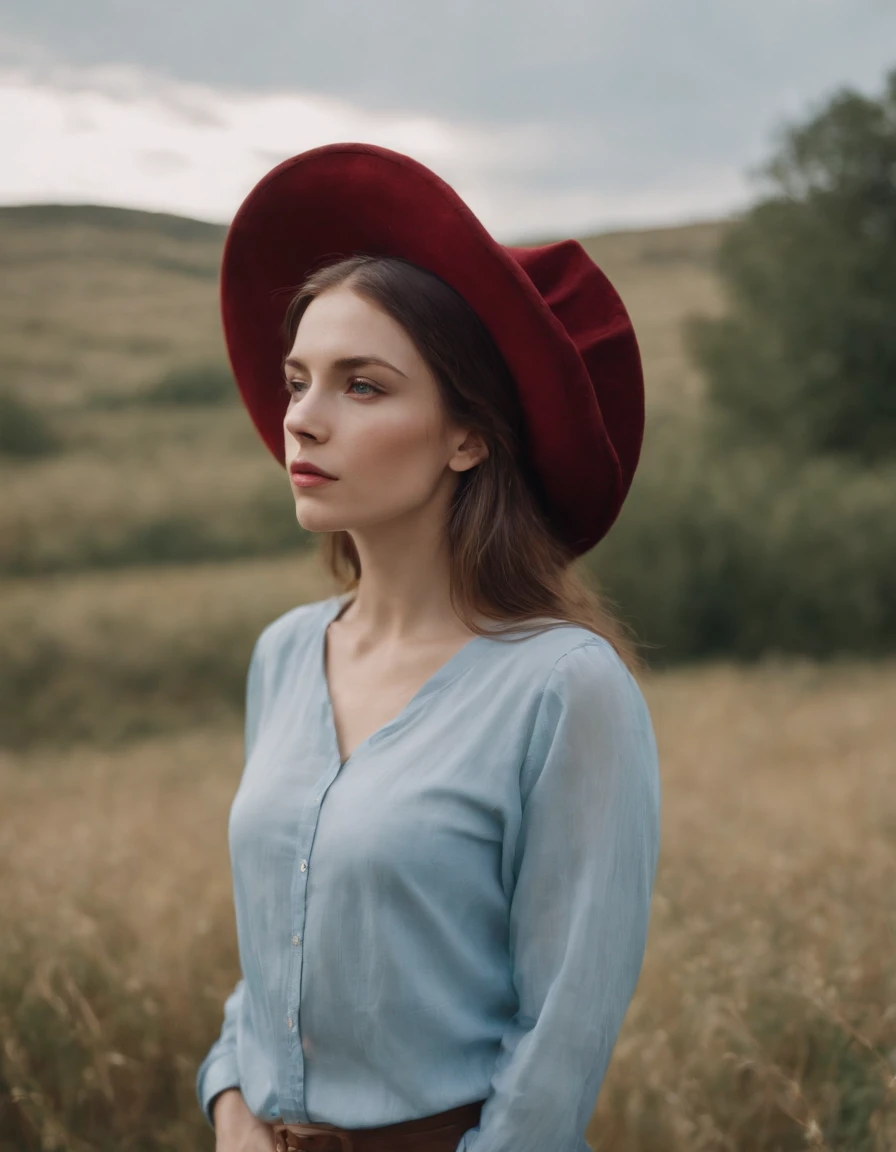 young woman in hat wearing a shirt over her head, in the style of light sky-blue and dark red, fujifilm pro 400h, kintsugi, alex colville, uhd image, troubadour style, fauvist portraiture(upper body)