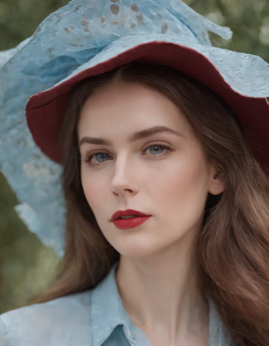young woman in hat wearing a shirt over her head, in the style of light sky-blue and dark red, fujifilm pro 400h, kintsugi, alex colville, uhd image, troubadour style, fauvist portraiture(upper body)