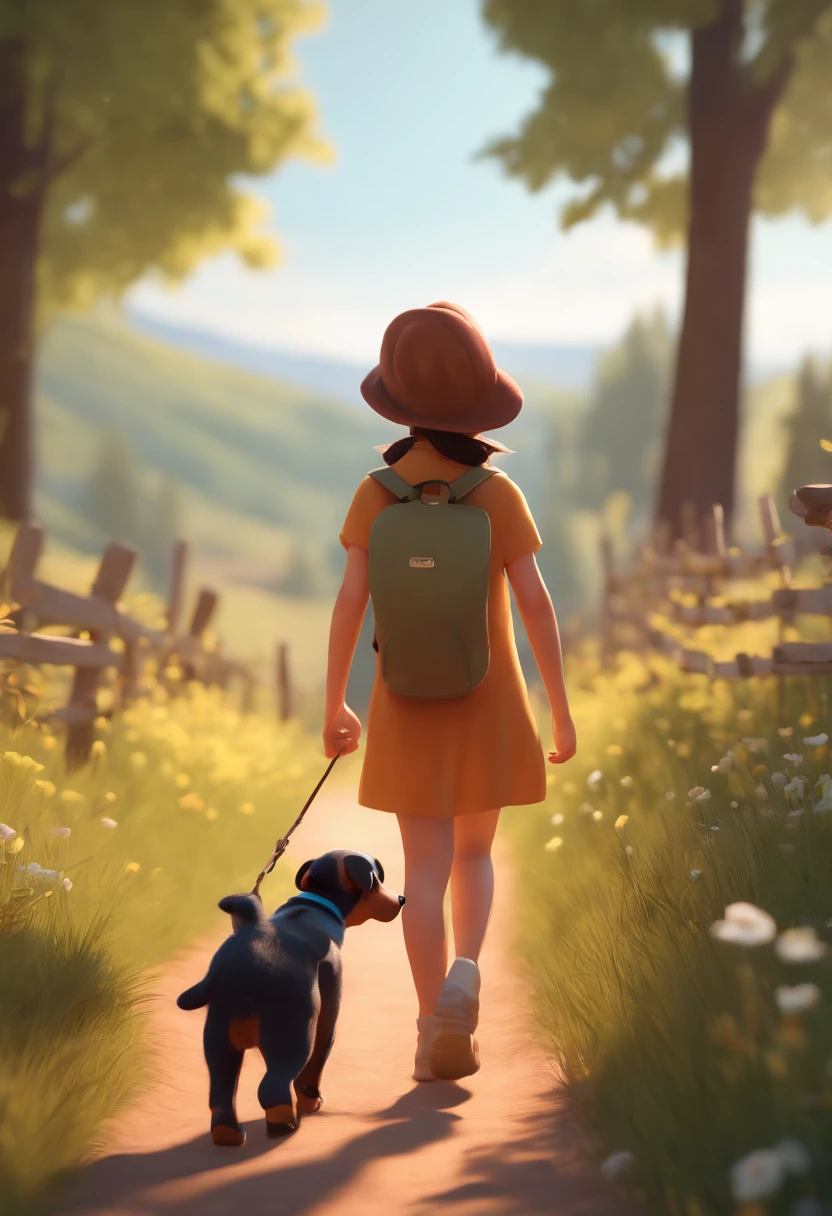 cartoon girl walking with a dog on a trail in a field, small character. unreal engine 5, animation style render, atey ghailan 8 k, childrens art in artstation, adventure hyper realistic render, adorable digital painting, cute 3 d render, cute detailed digital art, female explorer mini cute girl, inspired by Atey Ghailan