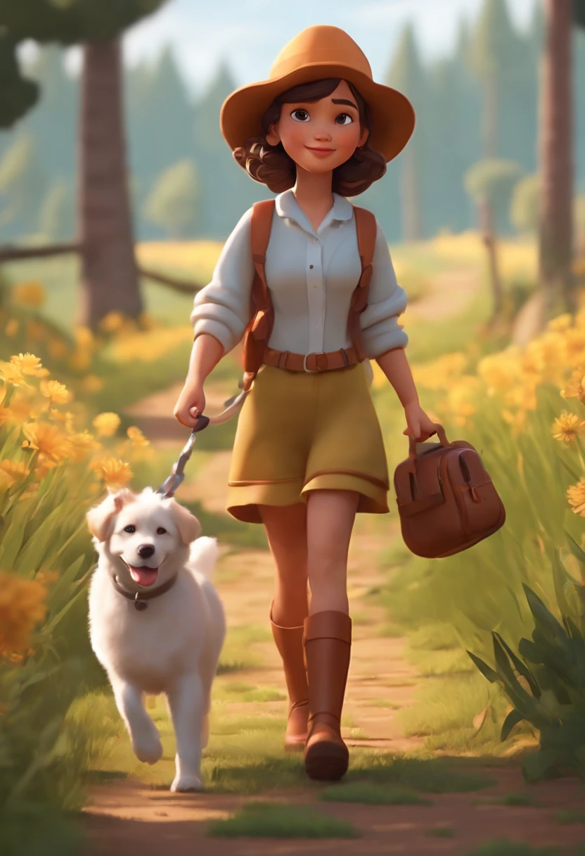 cartoon girl walking with a dog on a trail in a field, small character. unreal engine 5, animation style render, atey ghailan 8 k, childrens art in artstation, adventure hyper realistic render, adorable digital painting, cute 3 d render, cute detailed digital art, female explorer mini cute girl, inspired by Atey Ghailan