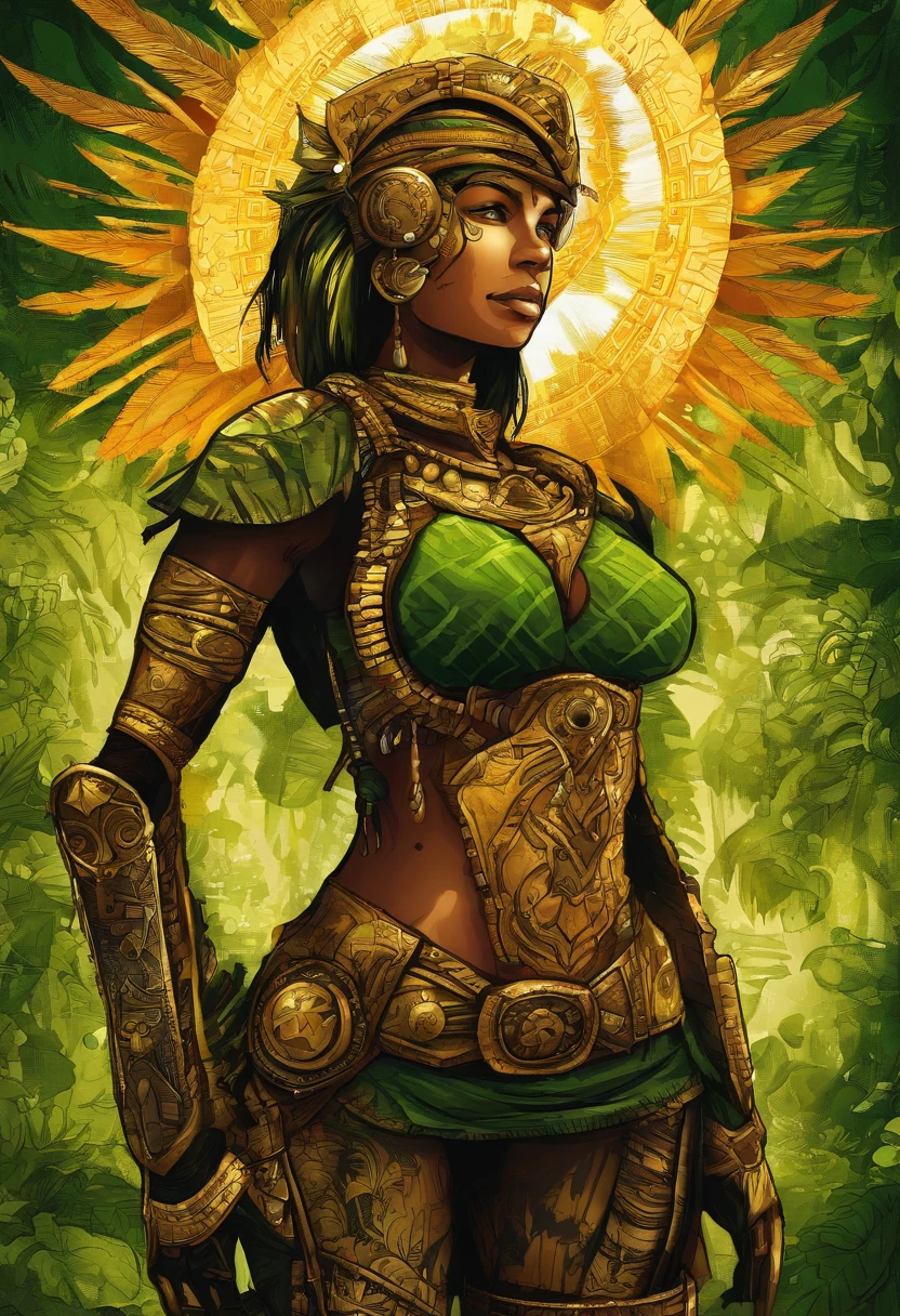 Generate a cartoon caricature image of a solarpunk-inspired eco-street guardian knight in a lush, vibrant metropolis. The guardian is a strong and determined Asian woman with big eyes and overexxaturated facial features, wearing futuristic, lightweight solar-powered full-body armor with a golden sheen. Her armor incorporates elements reminiscent of a 1900s policeman's uniform while still maintaining its solarpunk design. A star-shaped crest is visible on her chest. Her face is uncovered, radiating determination as she patrols the eco-friendly streets. The cityscape around her is a thriving, green paradise, with advanced solar technology seamlessly integrated into the architecture. This guardian symbolizes sustainability and protection in this utopian urban setting while proudly representing her Mohawk heritage with a touch of historical flair.