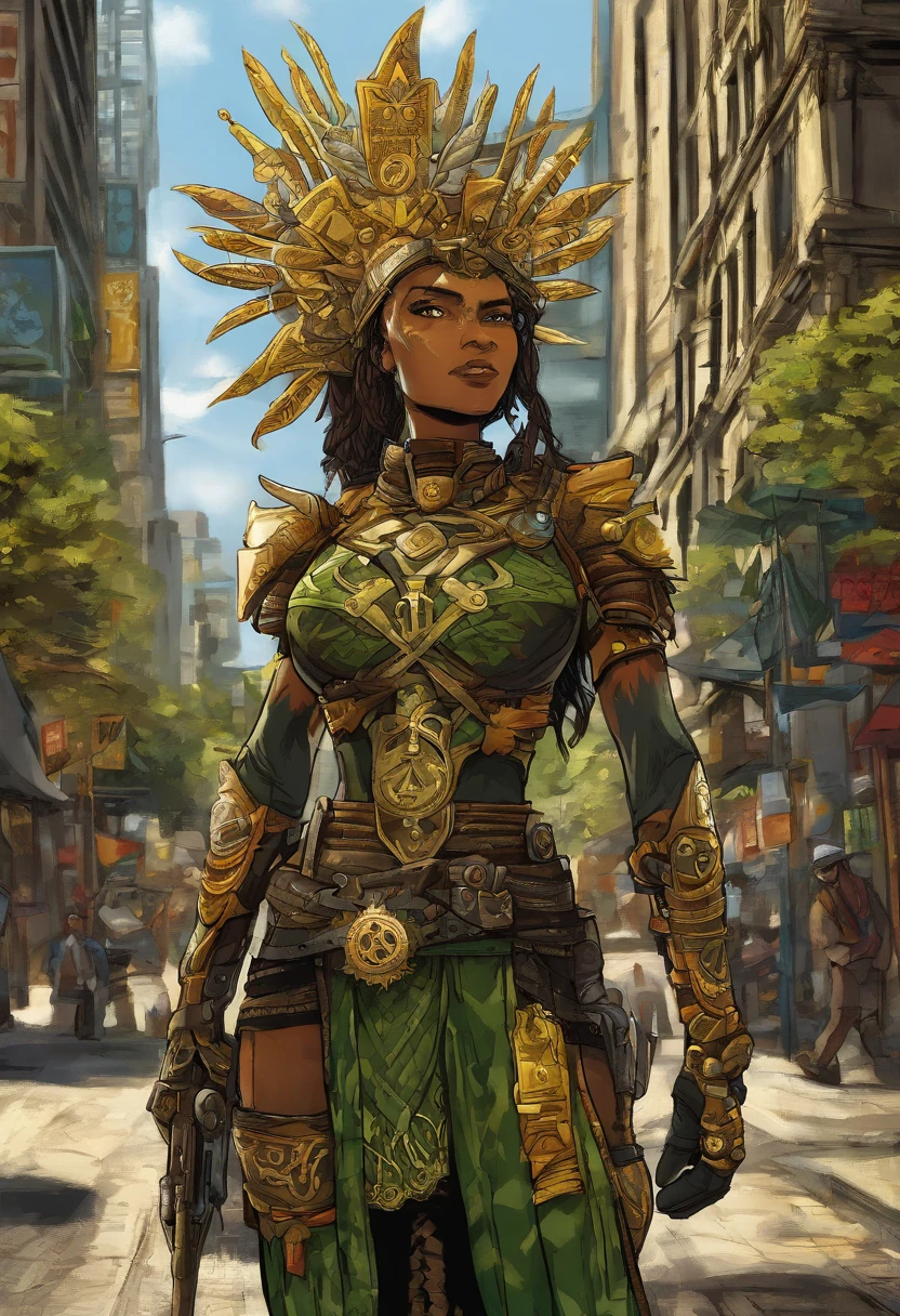 Generate a cartoon caricature image of a solarpunk-inspired eco-street guardian knight in a lush, vibrant metropolis. The guardian is a strong and determined Asian woman with big eyes and overexxaturated facial features, wearing futuristic, lightweight solar-powered full-body armor with a golden sheen. Her armor incorporates elements reminiscent of a 1900s policeman's uniform while still maintaining its solarpunk design. A star-shaped crest is visible on her chest. Her face is uncovered, radiating determination as she patrols the eco-friendly streets. The cityscape around her is a thriving, green paradise, with advanced solar technology seamlessly integrated into the architecture. This guardian symbolizes sustainability and protection in this utopian urban setting while proudly representing her Mohawk heritage with a touch of historical flair.
