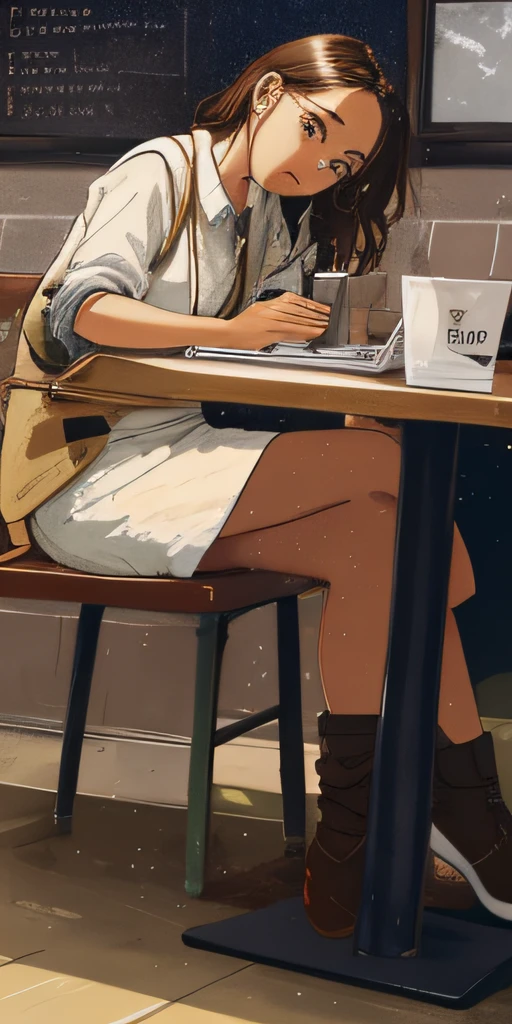 woman sitting at a table with a laptop and a notebook, sitting on a mocha-colored table, uhd candid photo of dirty, sitting on a table, sitting at a table, sitting in a cafe, in a coffee shop, candid shot, sitting at table, sitting in a cafe alone, seated at a table, sitting on the table, legs visible